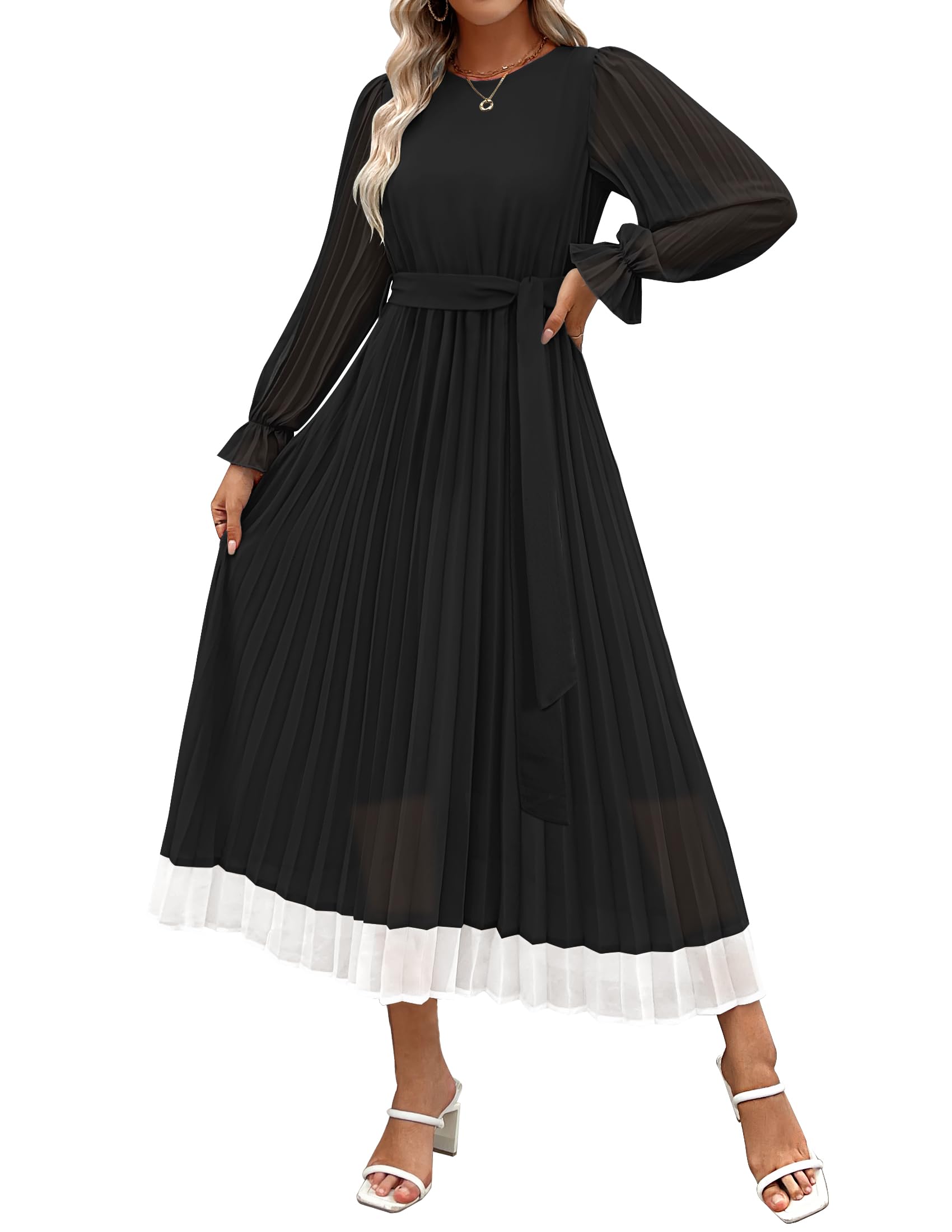 Luxuii Chiffon Crew Neck Pleated A Line Flowy Midi Dresses