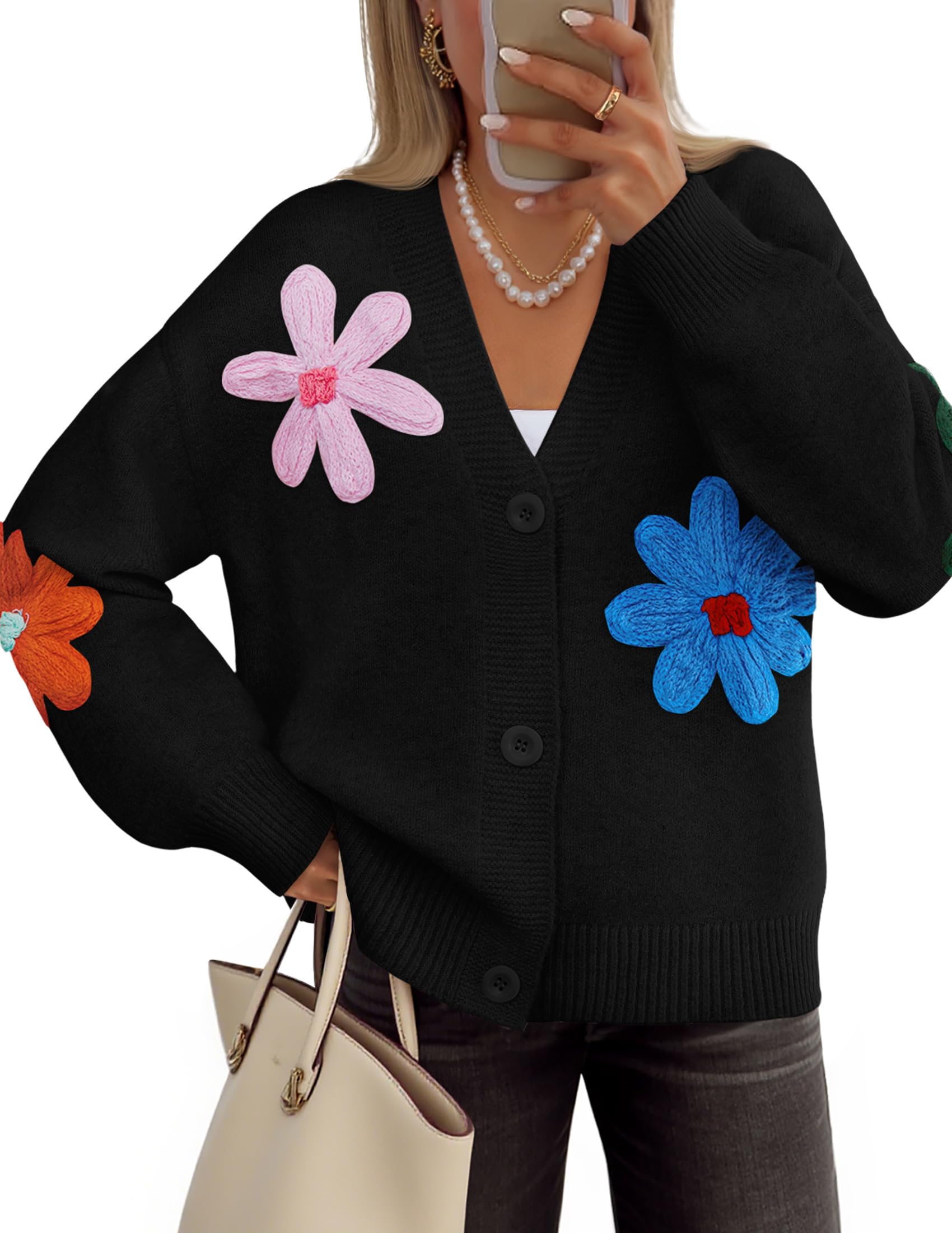 Luxuii Casual Open Front Button Down V Neck Knit Sweater