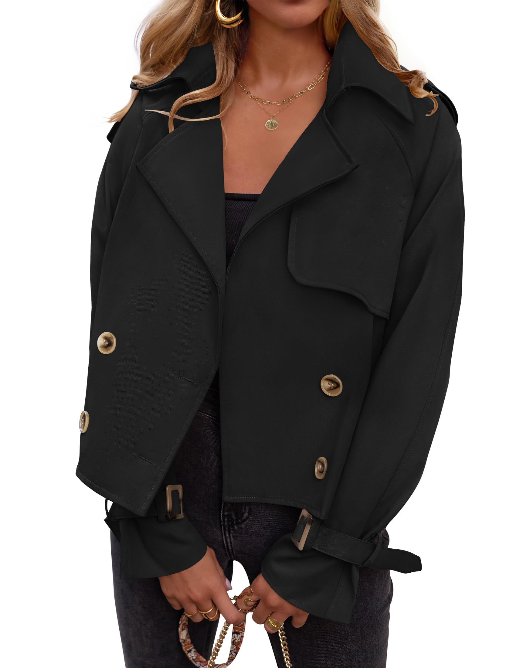 Luxuii Crop Trench Coat Lapel Double Breasted Loose Casual Jacket