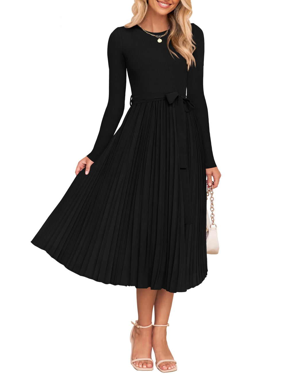 Luxuii Casual Crewneck Knit Belted Pleated A Line Flowy Sweater Dresses
