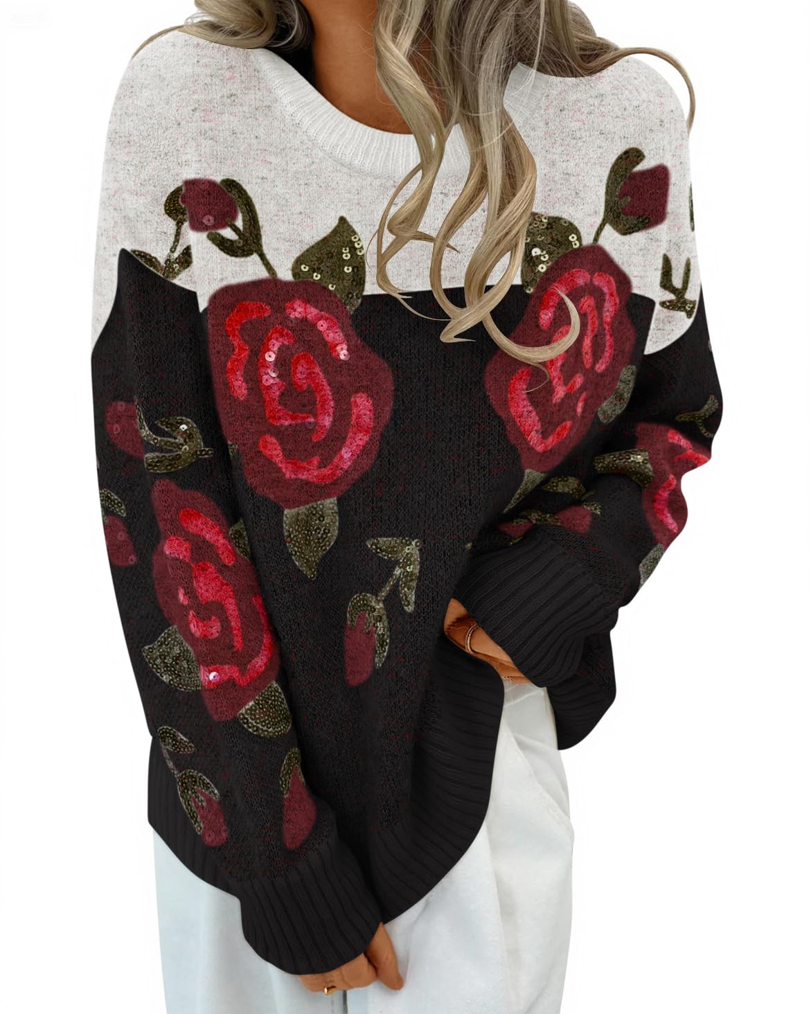 Luxuii Floral Oversized Crewneck Chunky Knit Pullover Sweater Tops