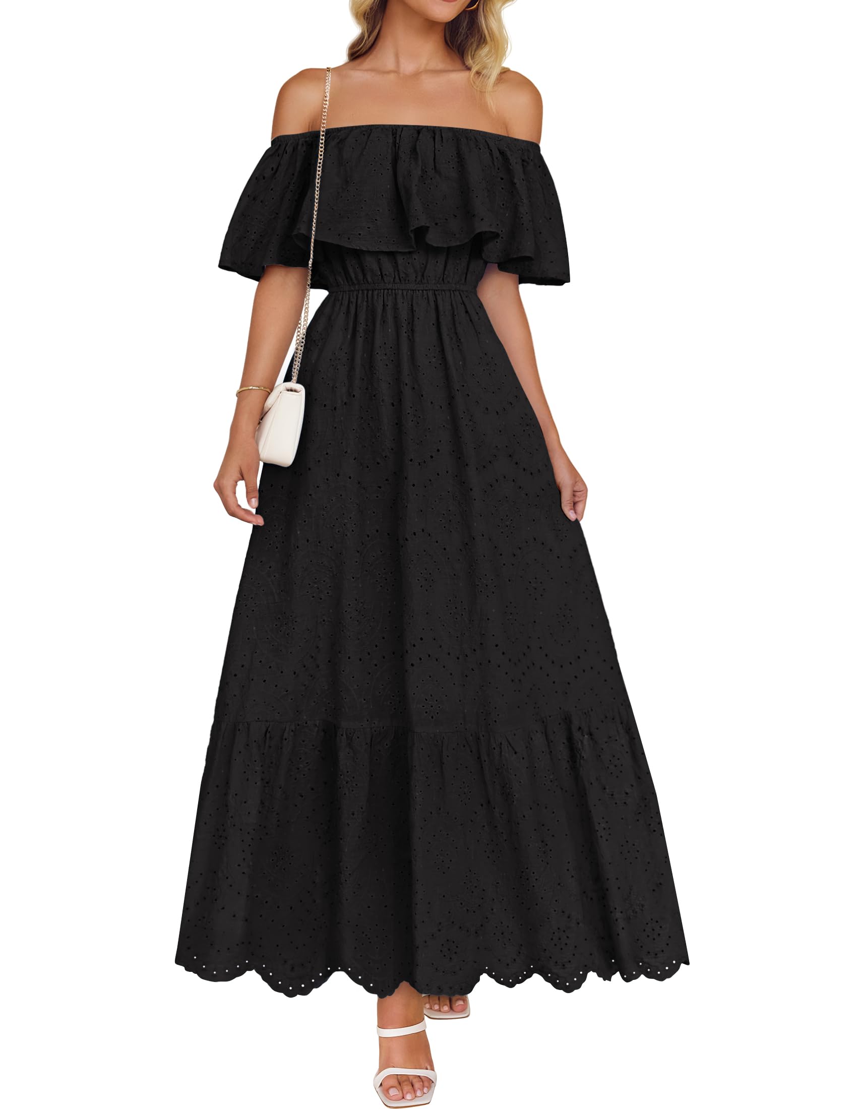 Luxuii Off Shoulder Ruffle Short Sleeve High Waist Hollow Dresses