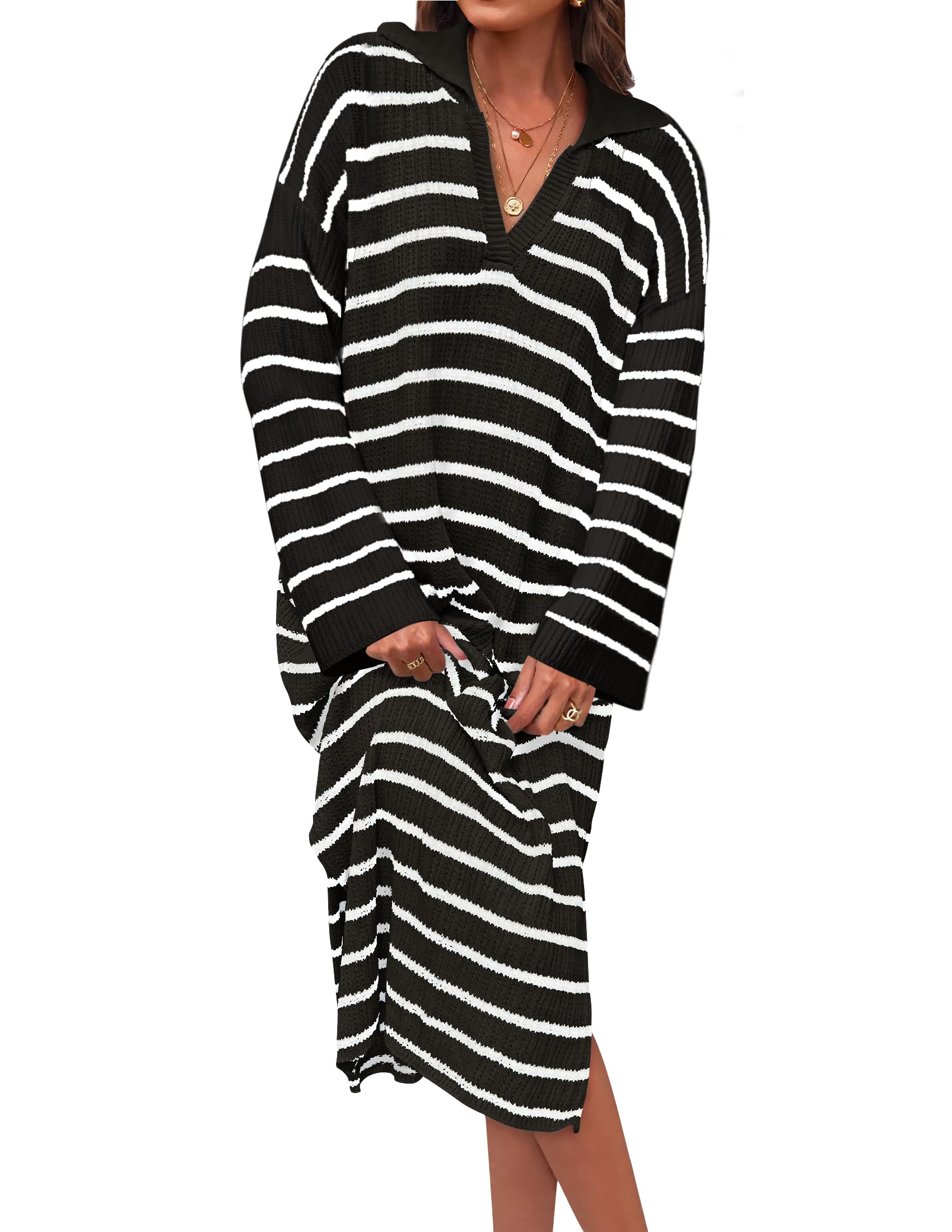 Luxuii Striped Sweater Dresses Lapel V Neck Knit Side Slit Midi Dress