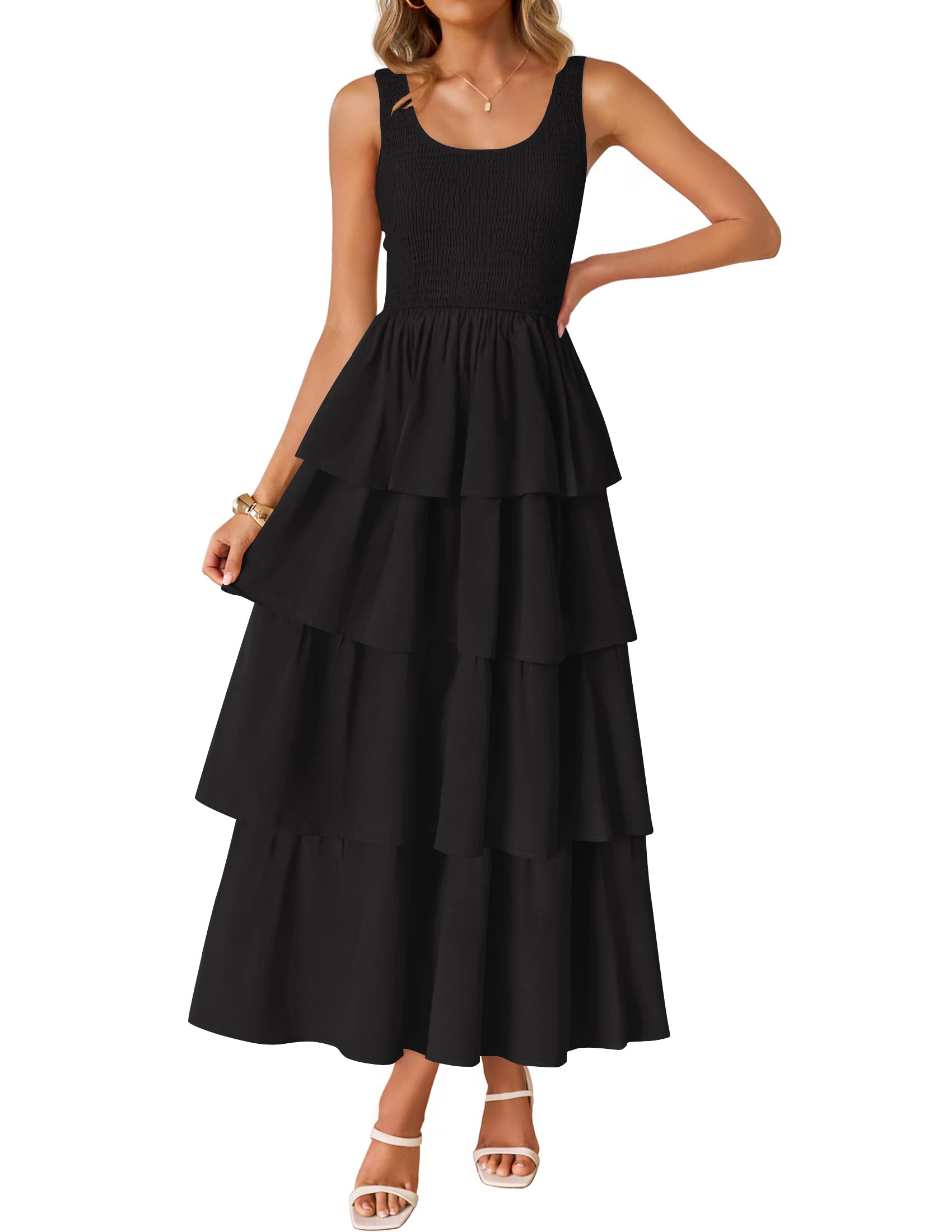 Luxuii Scoop Neck Ruffle Tiered Layered Swing Long Beach Dresses
