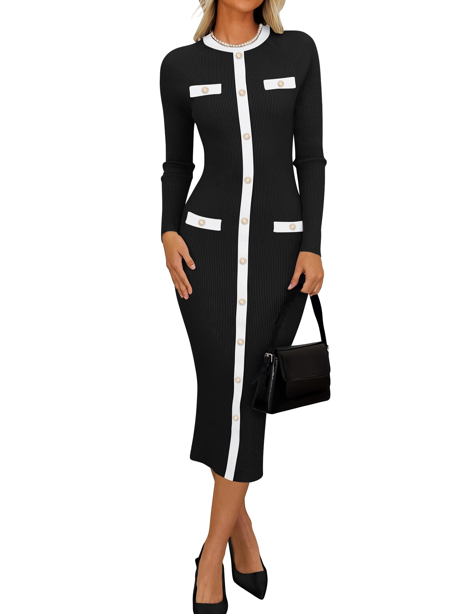 Luxuii Ribbed Crewneck Button Color Block Knit Midi Dresses