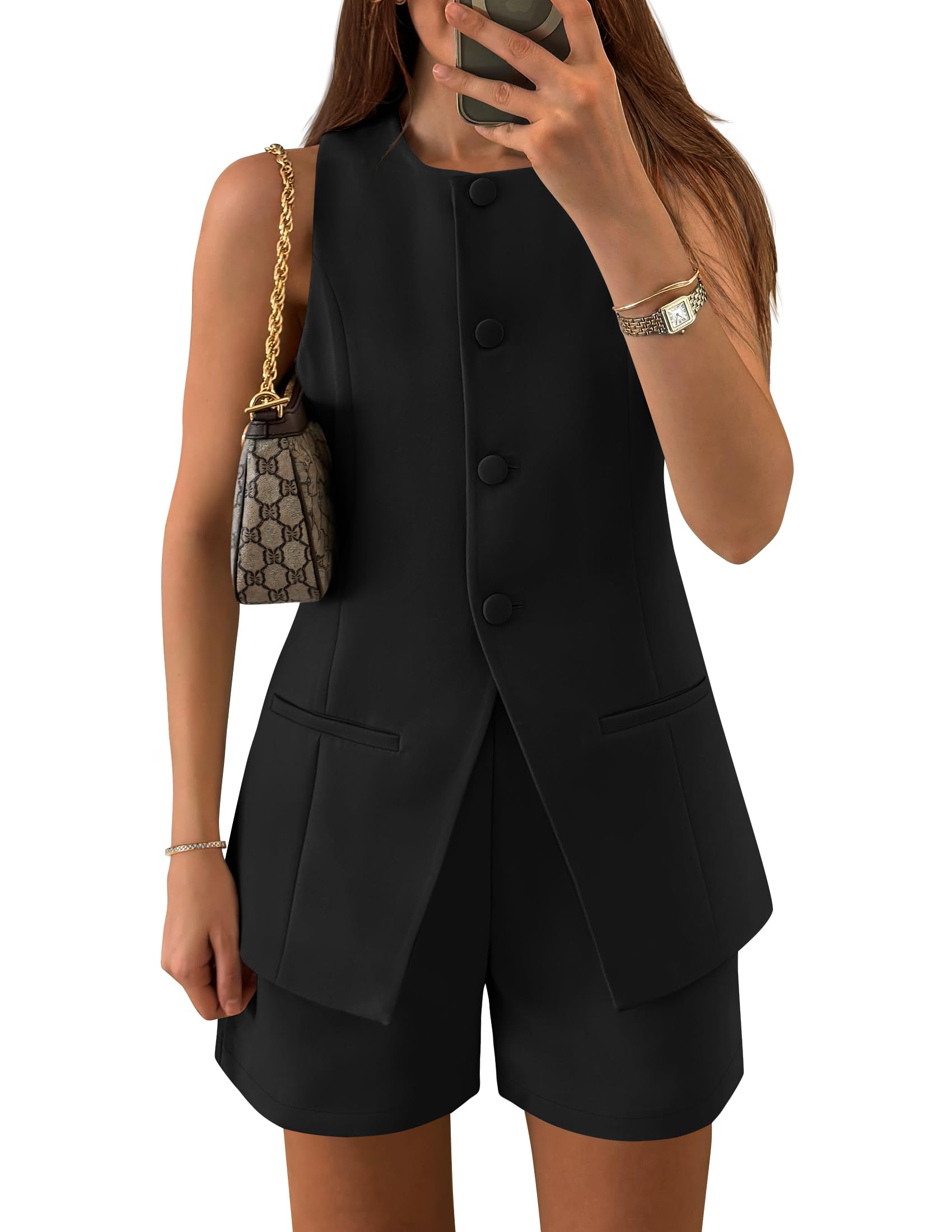Luxuii 2 Piece Short Sets Sleeveless Crew Neck Suit Vest Tops