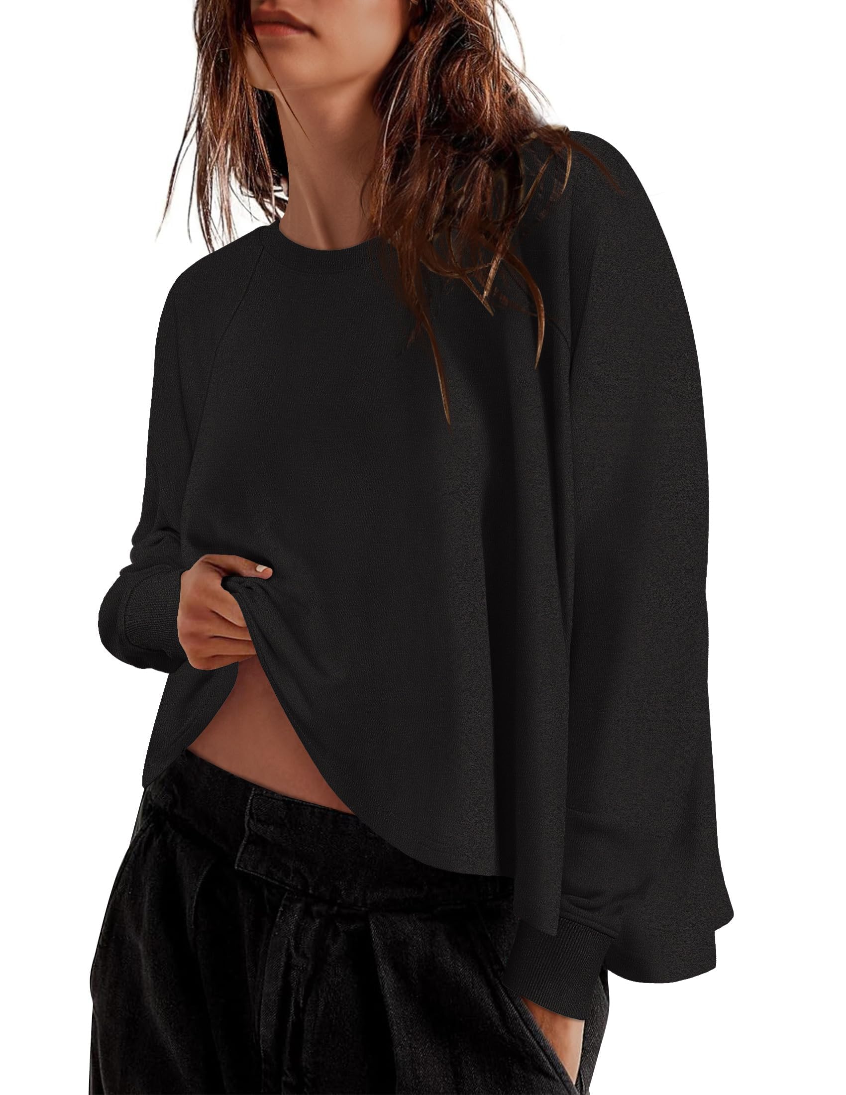 Luxuii Womens Causal Long Sleeve Lightweight Crewneck Side Slit  Shirts
