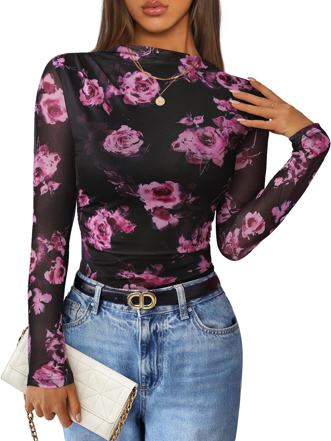 Luxuii Floral Fall Mesh Mock Neck Ruched Fitted Shirts