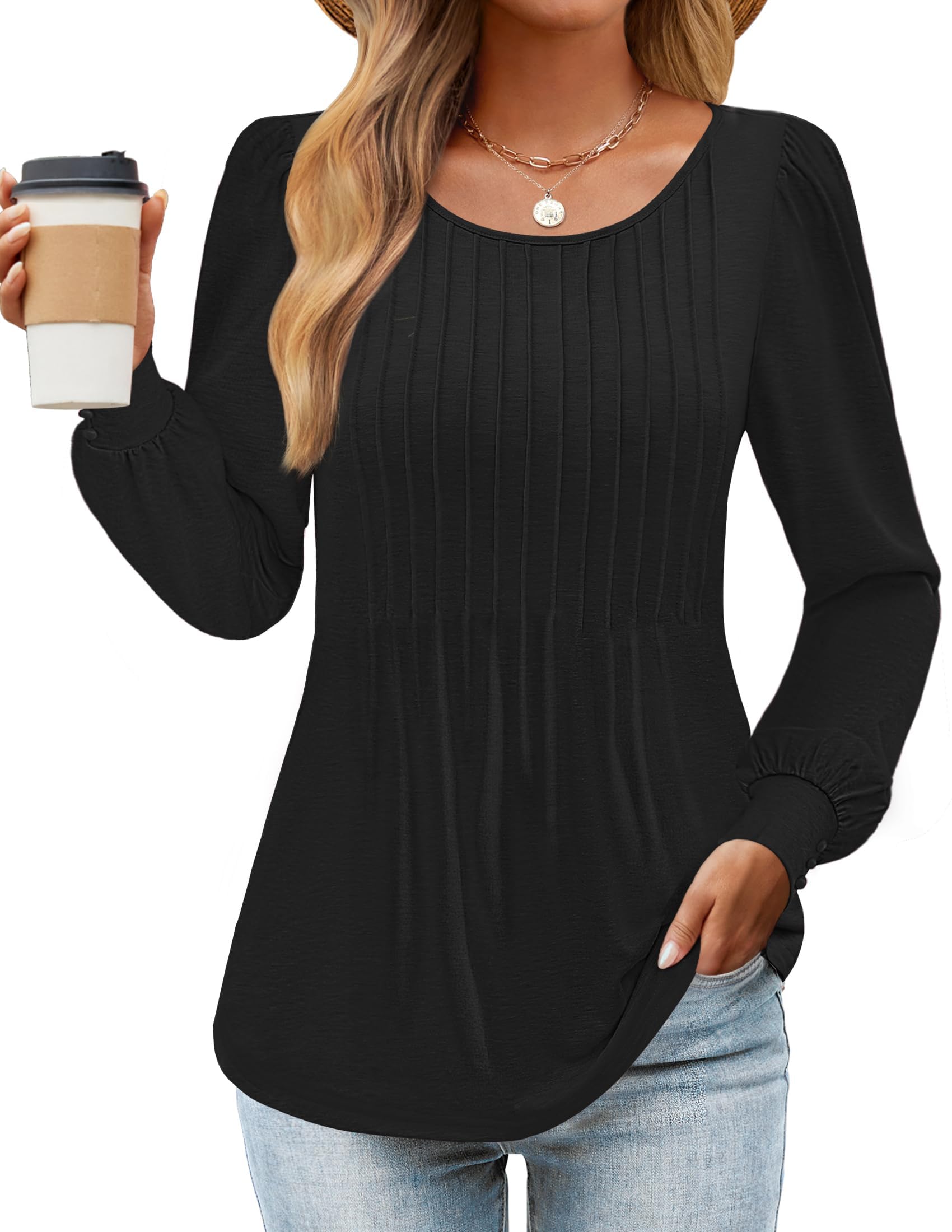 Luxuii Crew Neck Pleated Casual Tunic Blouses Top