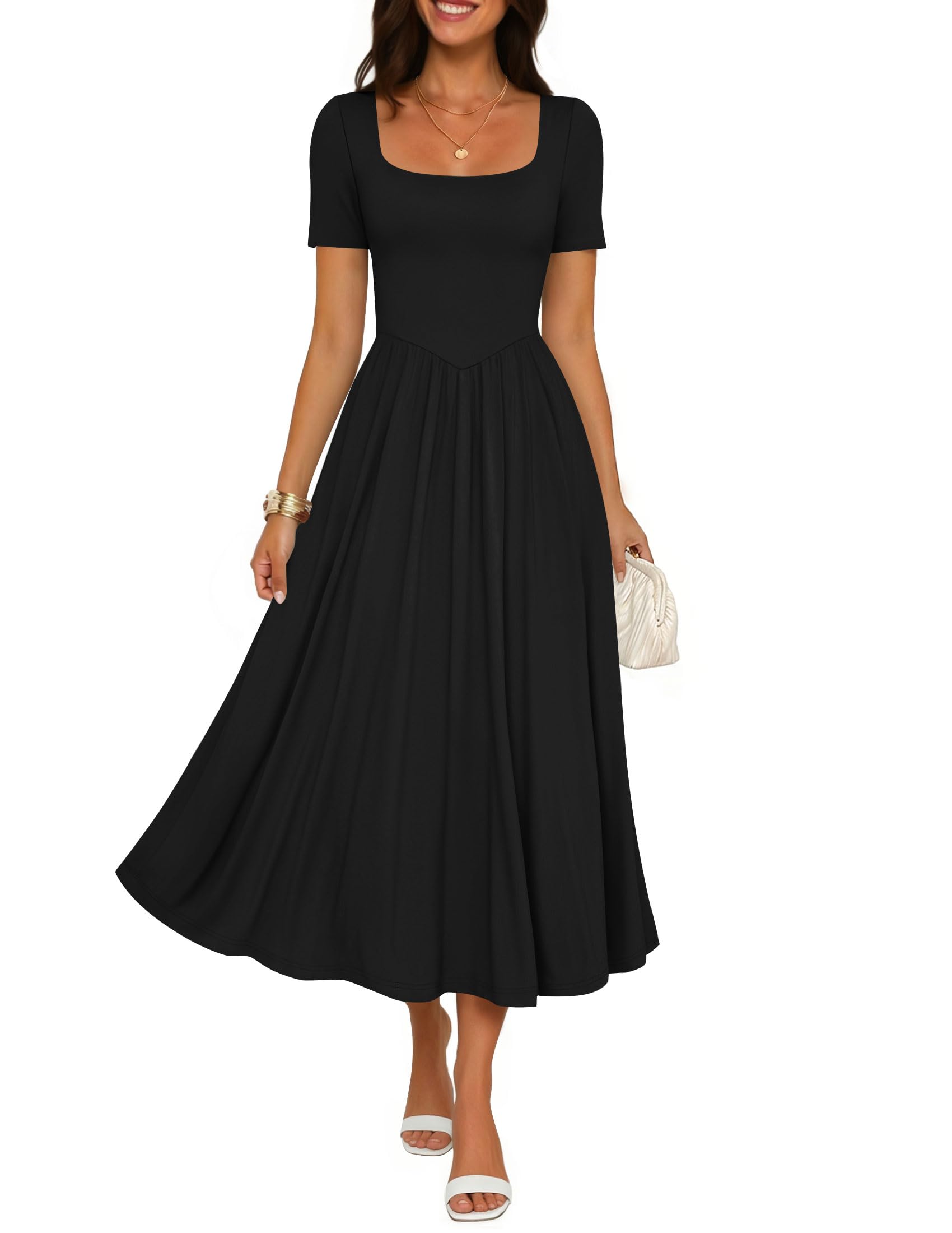 Luxuii Guest Elegant Classy Square Neck Short Sleeve Cocktail Party Midi Dress
