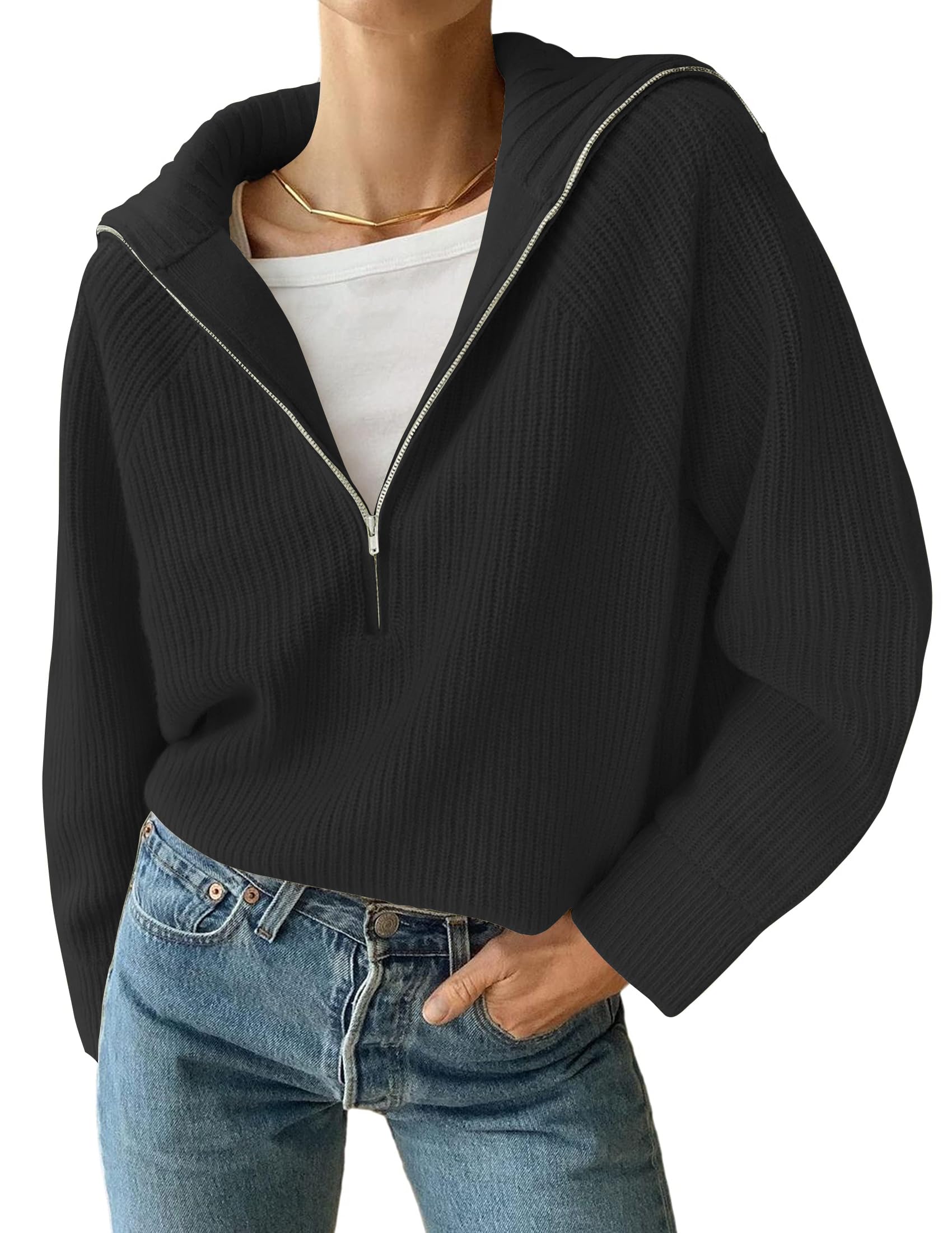 Luxuii Women's V Neck Sweaters Fall Long Sleeve Half Zipper Casual Oversized Tops