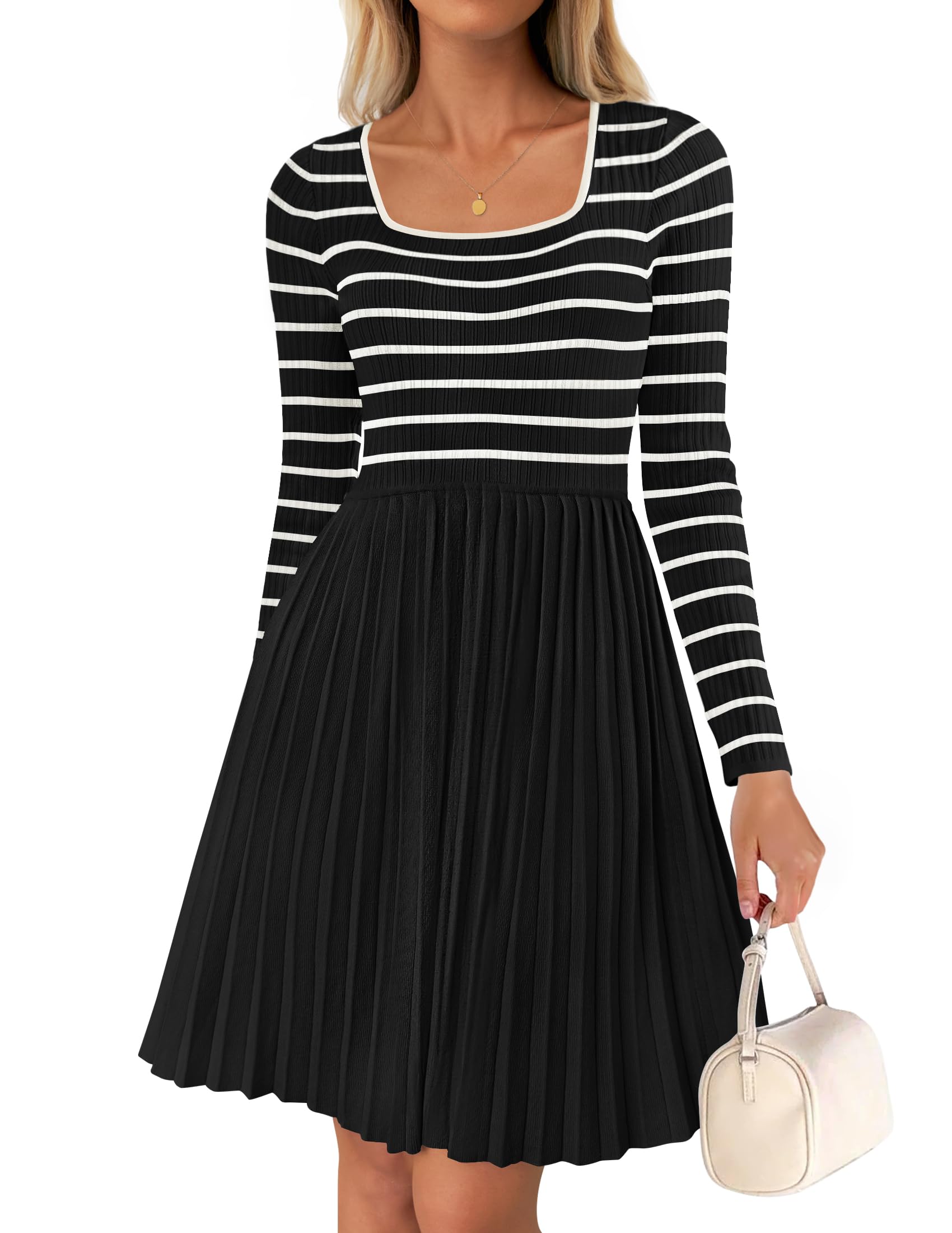 Luxuii Striped Square Neck Pleated Ribbed Knit Mini Dress
