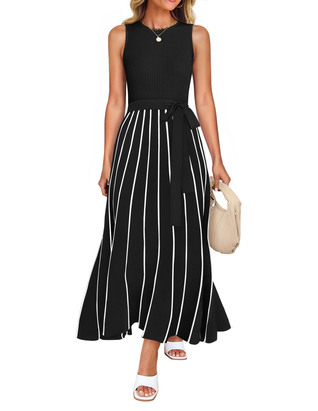 Luxuii Crewneck Ribbed Knit Tie Waist A Line Swing Dresses