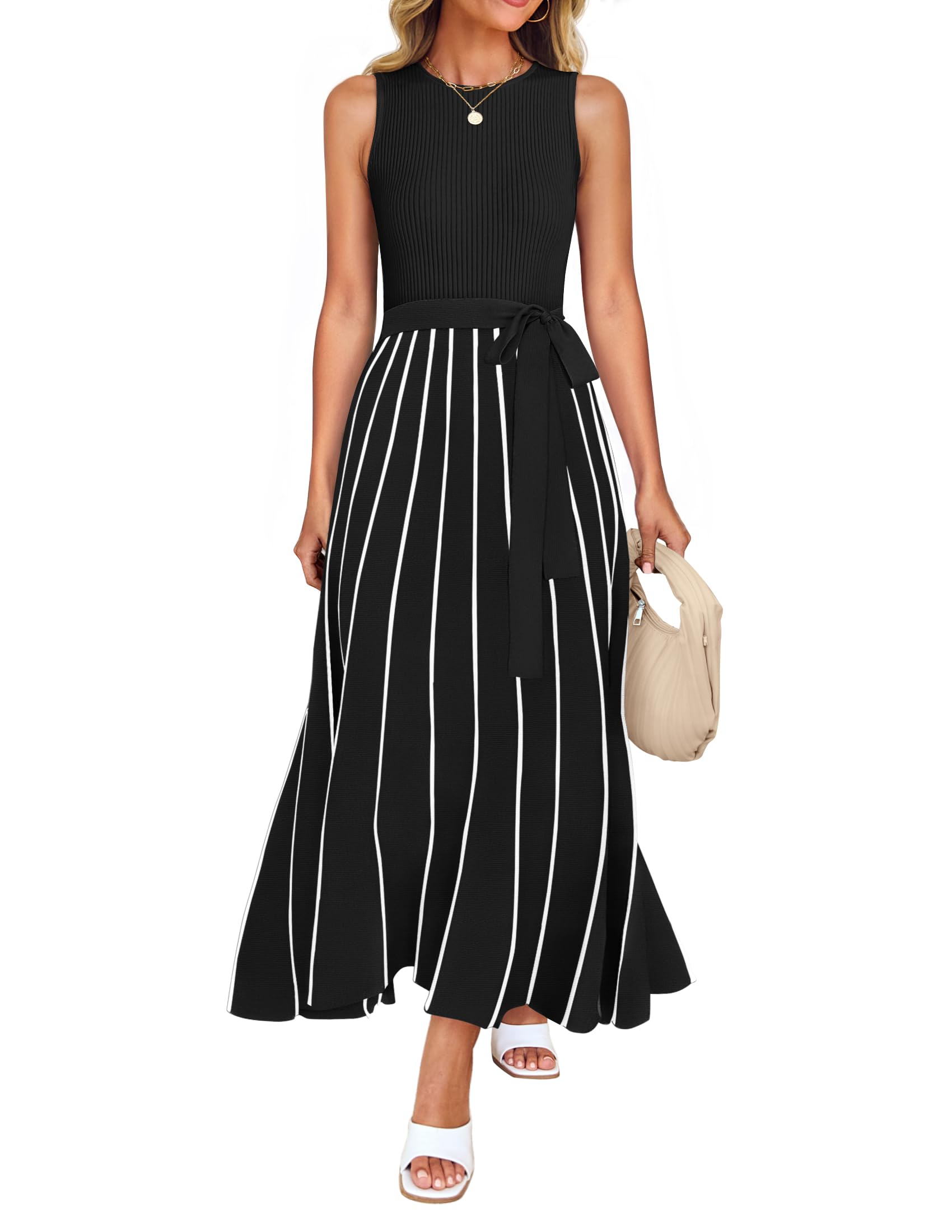 Luxuii Crewneck Ribbed Knit Tie Waist A Line Swing Dresses
