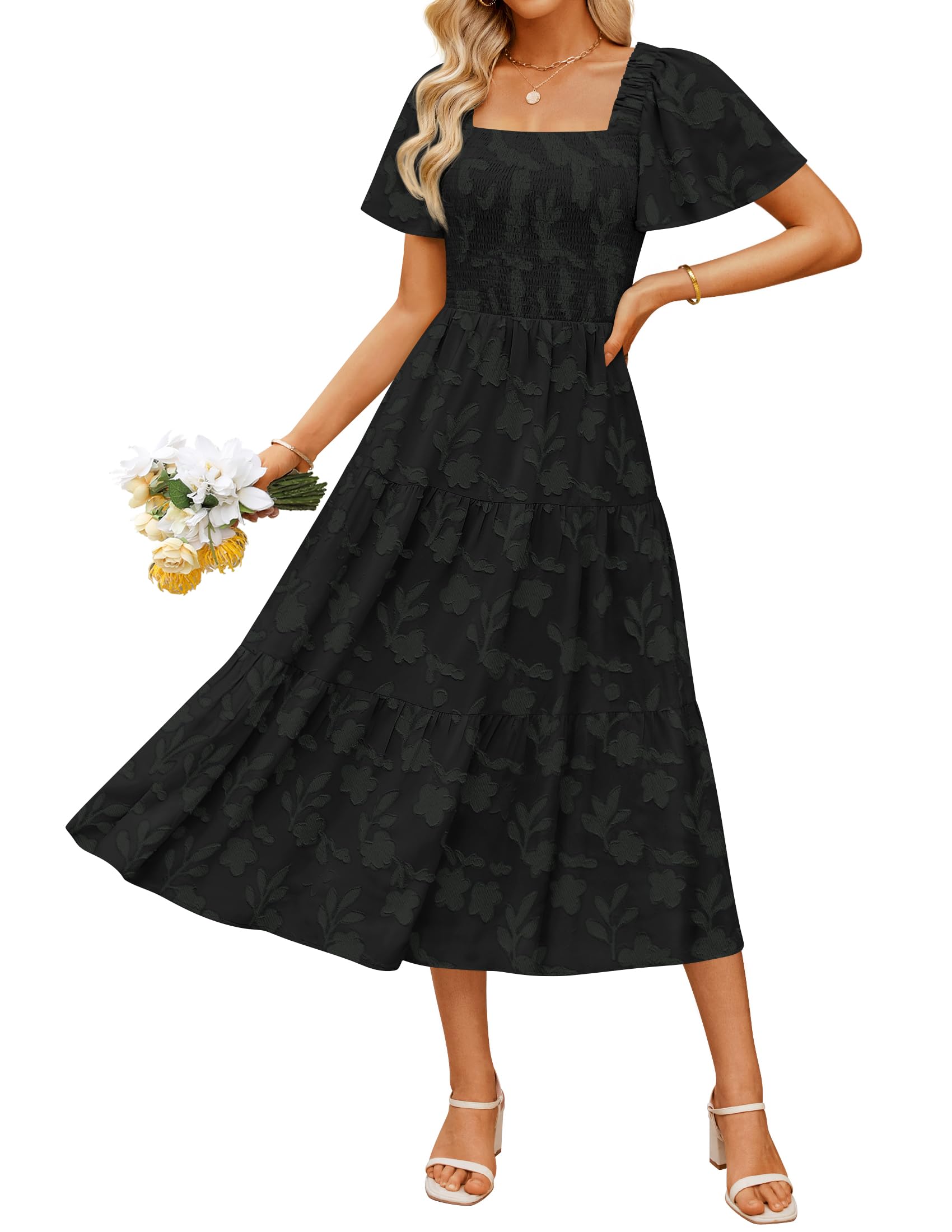 Luxuii Boho Floral Square Neck Flowy Beach Vacation Long Dress