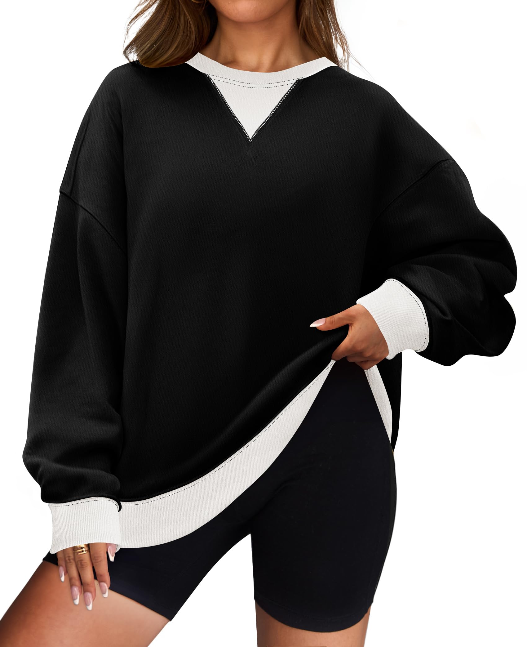 Luxuii Womens Crewneck Color Block Oversized Long Sleeve Pullover Tops Fall Clothes