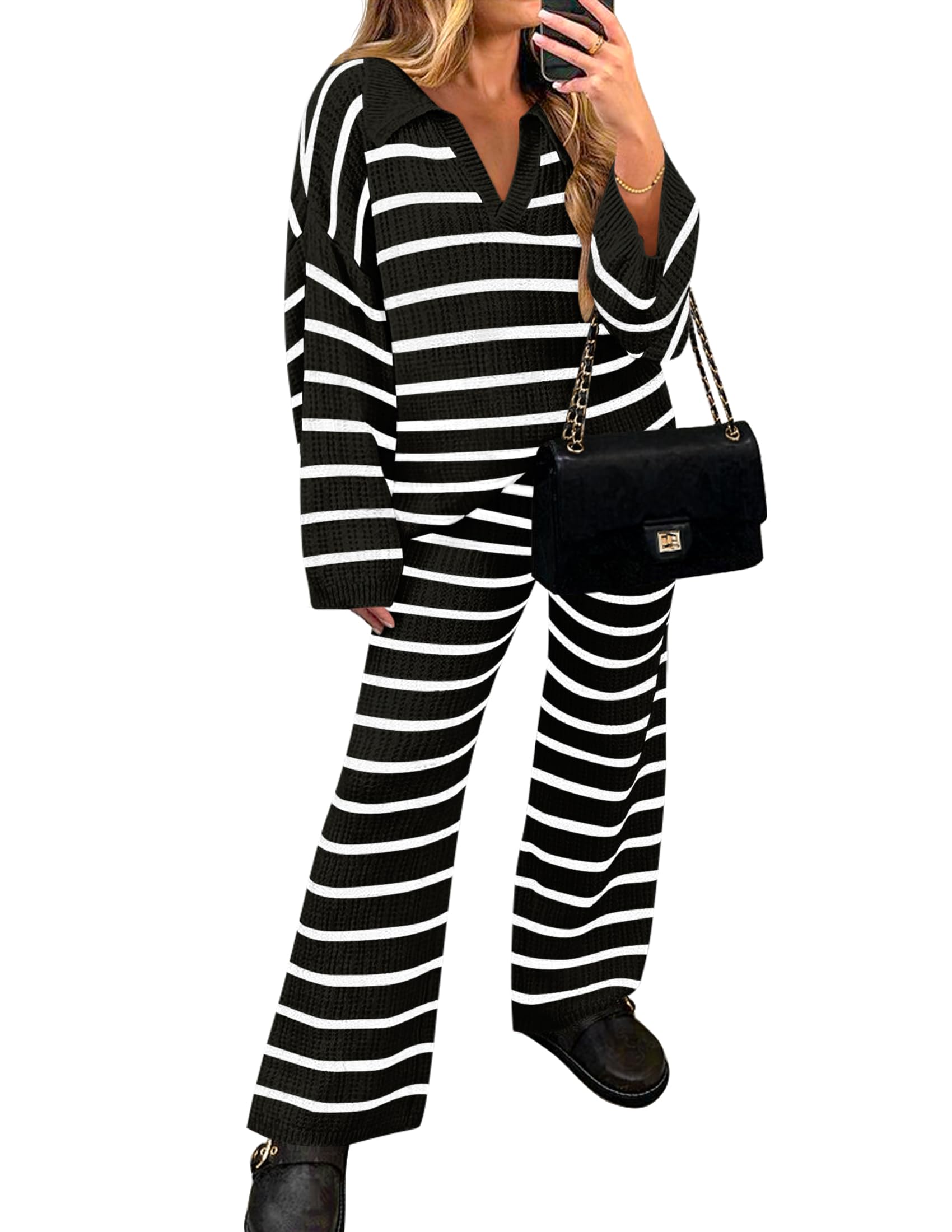Luxuii Striped V Neck Knit Tops and Wide Leg Pants Lounge Set