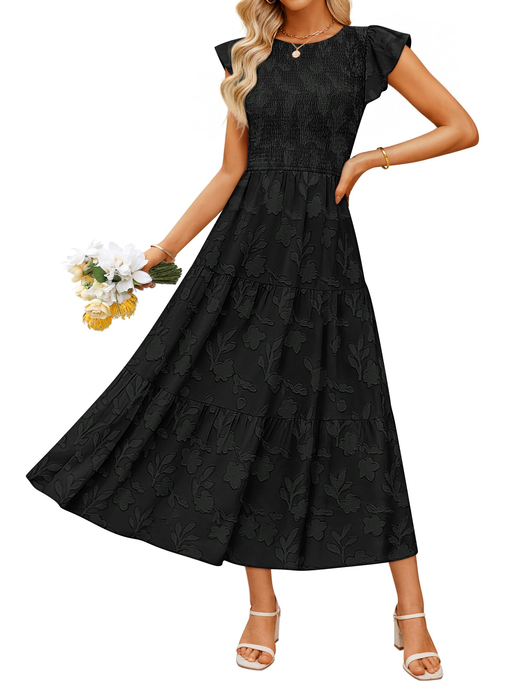 Luxuii Boho Floral Casual Flutter Crewneck Smocked Flowy Beach Long Dresses
