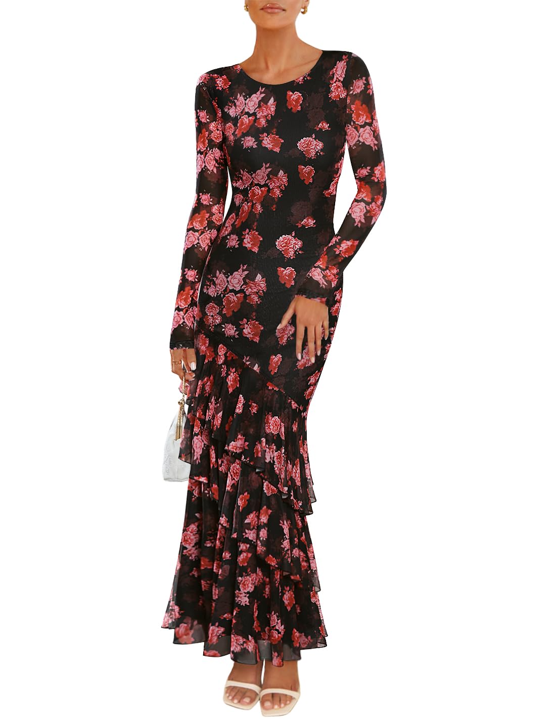 Luxuii Floral Bodycon Boho Long Sleeve Mesh Ruffle Mermaid Dress