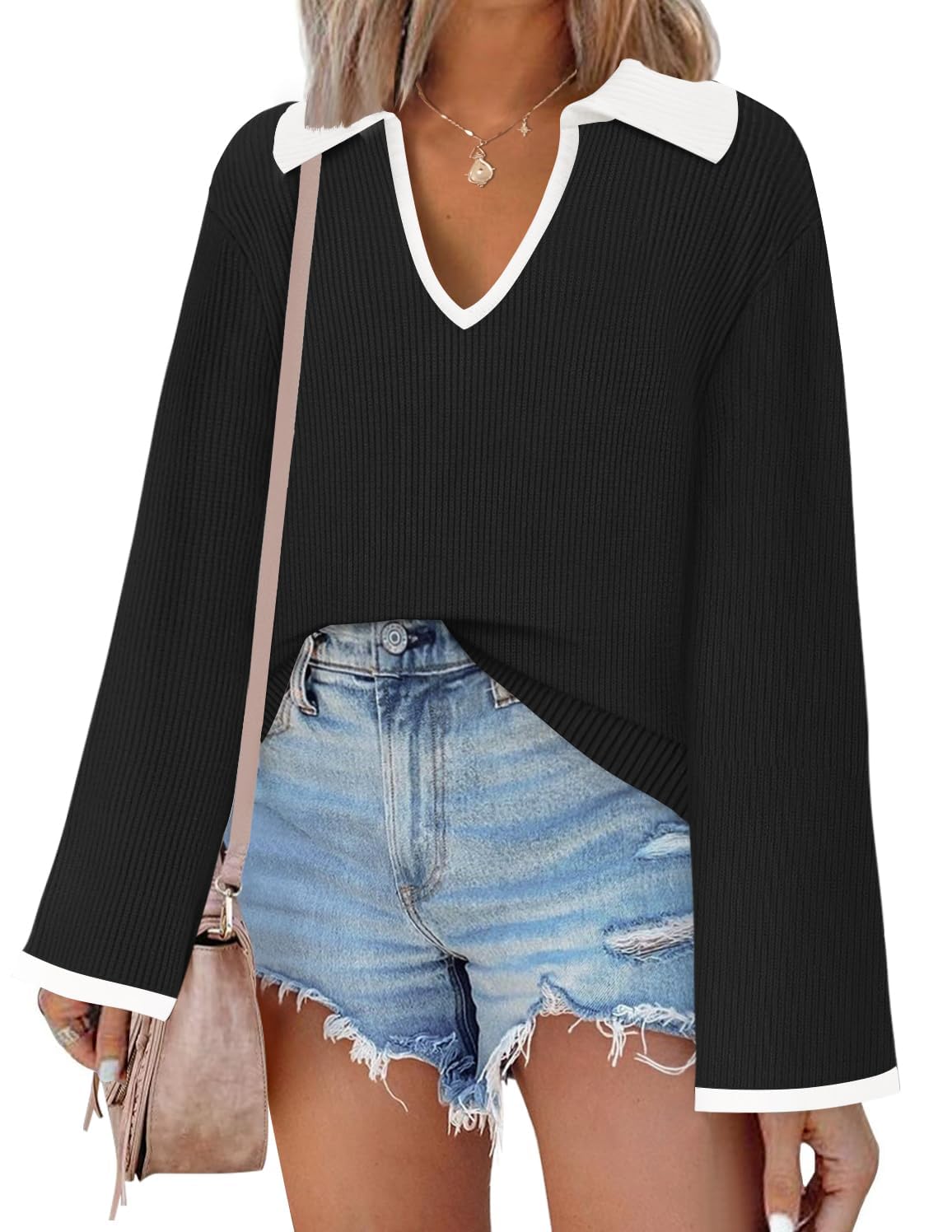 Luxuii V Neck Sweater Oversized Collared Knit Pullover Jumper Top