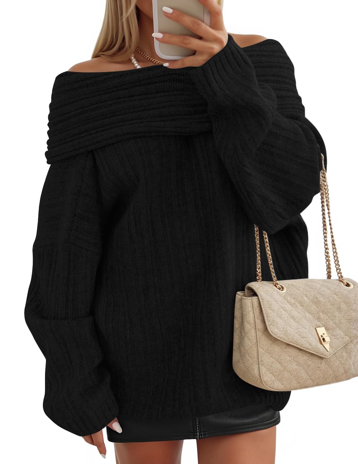 Luxuii Off The Shoulder Sweater Oversized Winter Ribbed Knit Tops