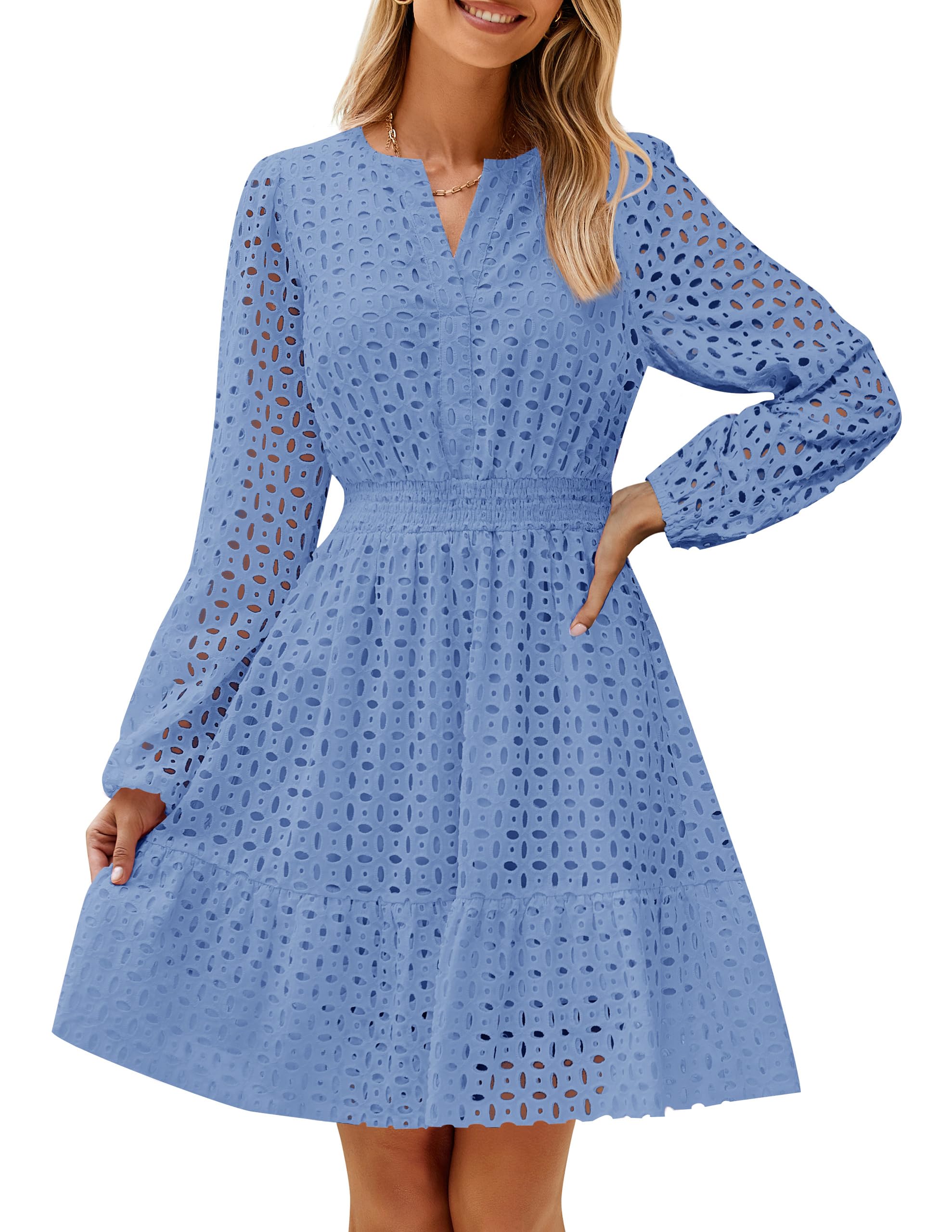 Luxuii V Neck Hollow Out Eyelet Embroidery Ruffle Short Dresses