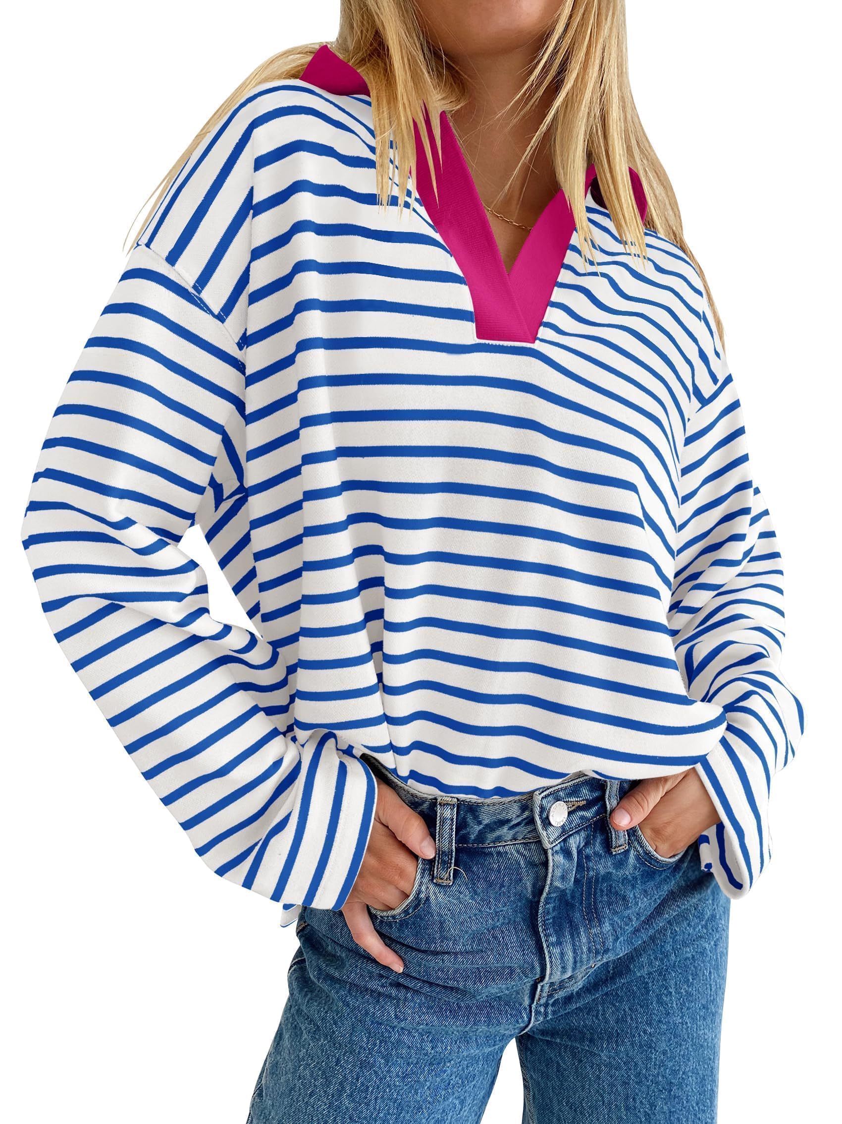 Luxuii Striped V Neck Oversized Sweatshirt Loose Fit Tunic Tops