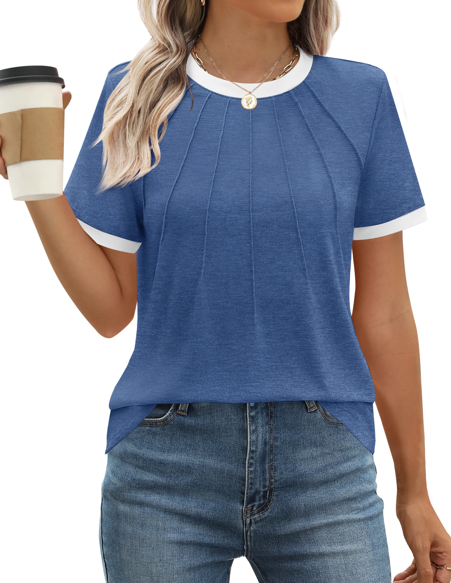 Luxuii WShort Sleeve Pleated Shirts Crewneck Color Block Tops