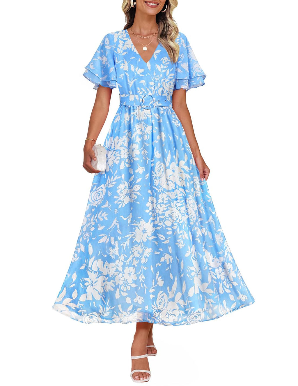 Luxuii Floral Print Short Sleeve V Neck High Waist Flowy Dress