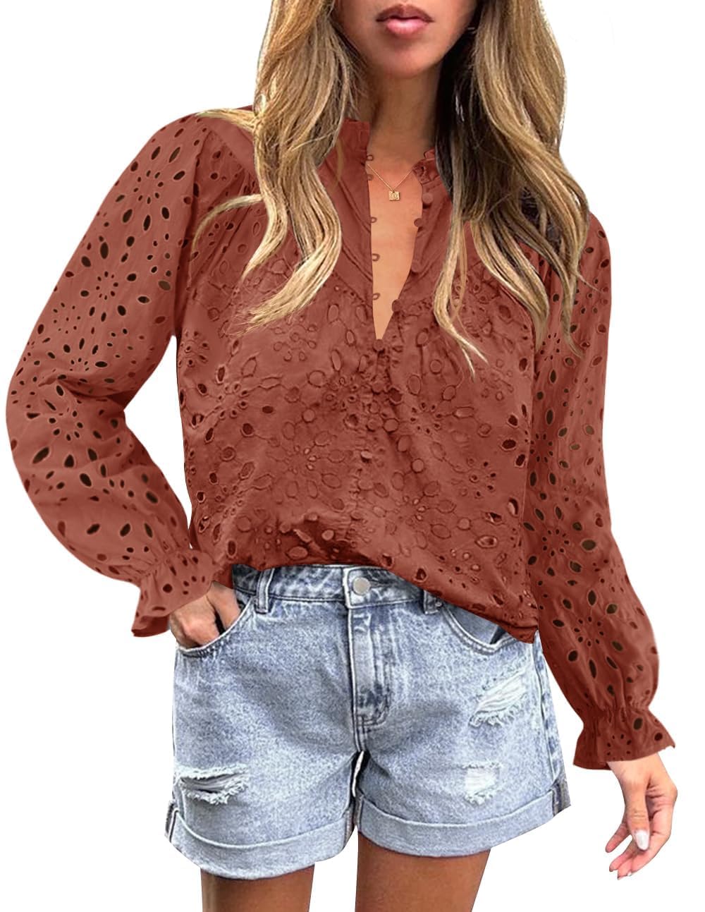 Luxuii Puff Long Sleeve Button V Neck Hollow Out Eyelet Lace Embroidered