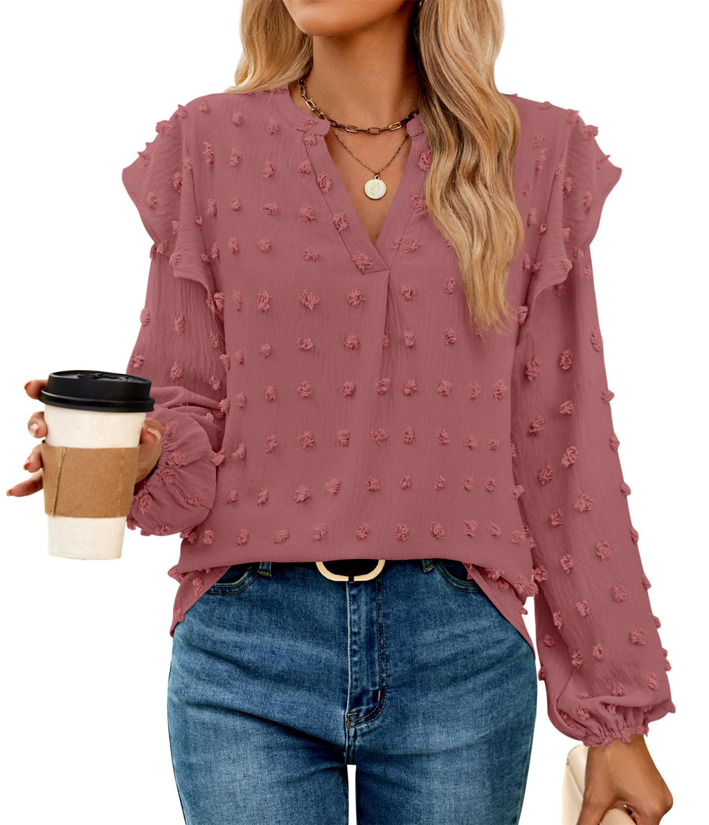 Luxuii  Chiffon Blouses V Neck Swiss Dot Casual Tunic Tops