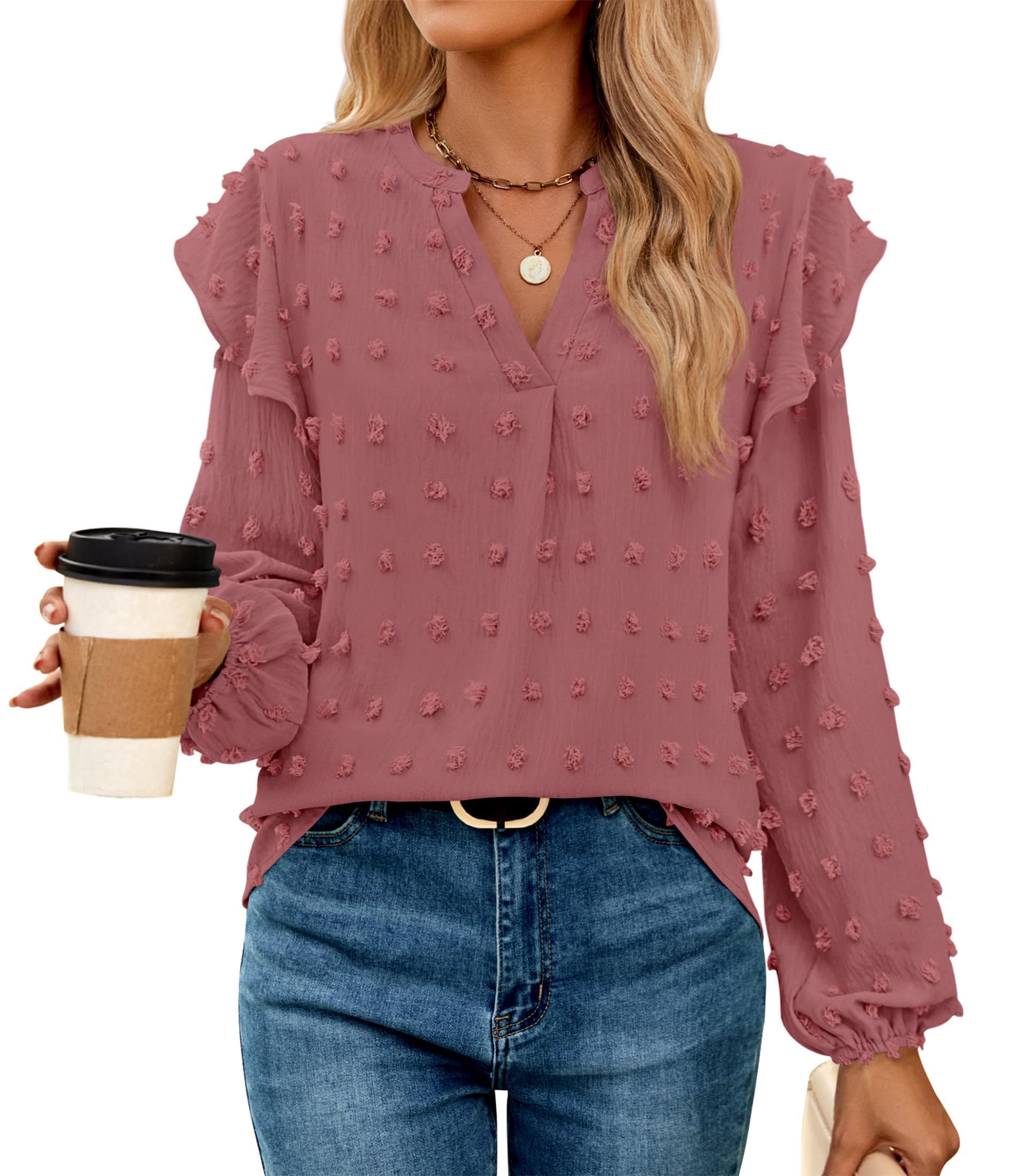 Luxuii  Chiffon Blouses V Neck Swiss Dot Casual Tunic Tops