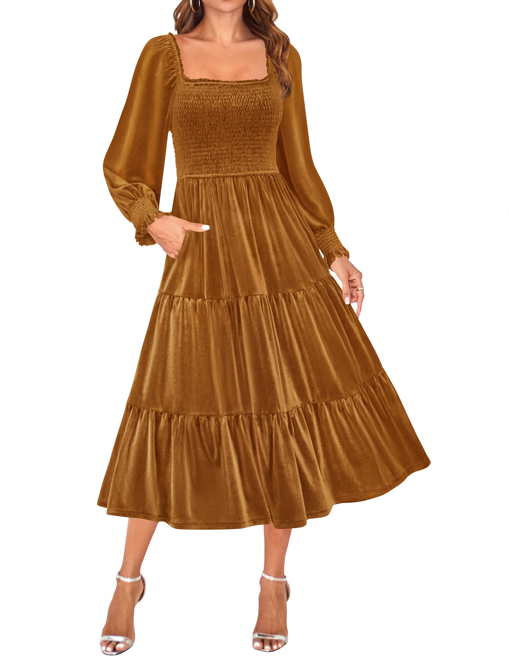 Luxuii Velvet L Neck Smocked Ruffle A Line Flowy Midi Dress