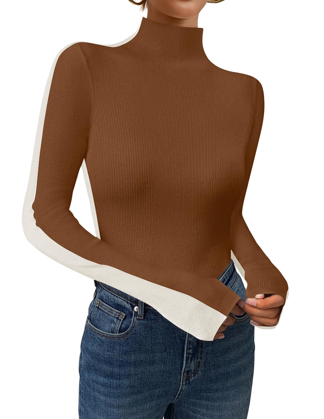 Luxuii Color Block Ribbed Knit Shirts Basic Slim Fit Pullover Tops