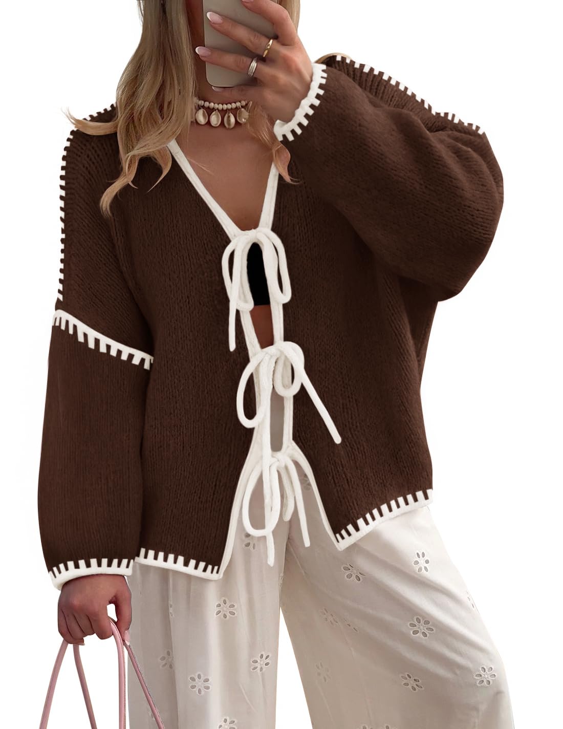 Luxuii Tie Front Bow Knit Color Block Fall Winter Clothing Coats
