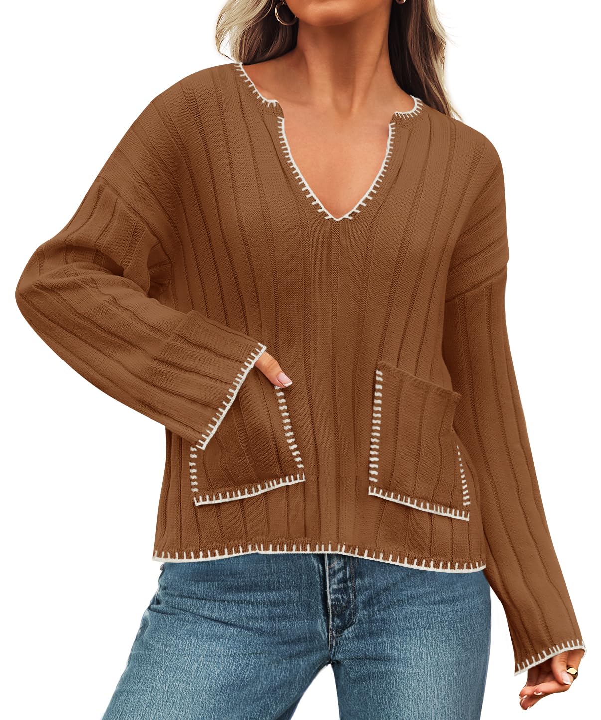 Luxuii Women's Ribbed V Neck Long Sleeve Sweaters
