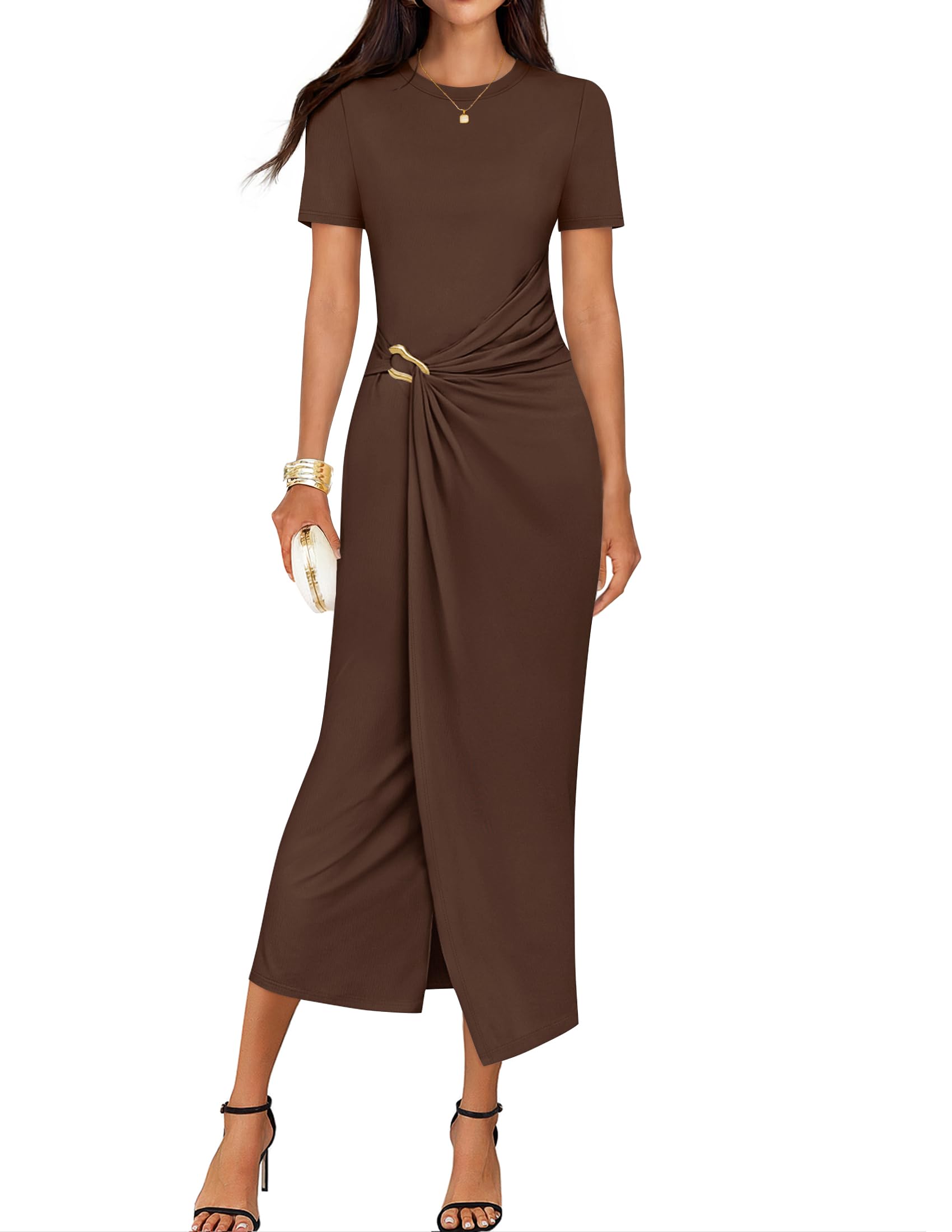 Luxuii Bodycon Crewneck Ruched Wedding Guest Cocktail Party Long Dresses