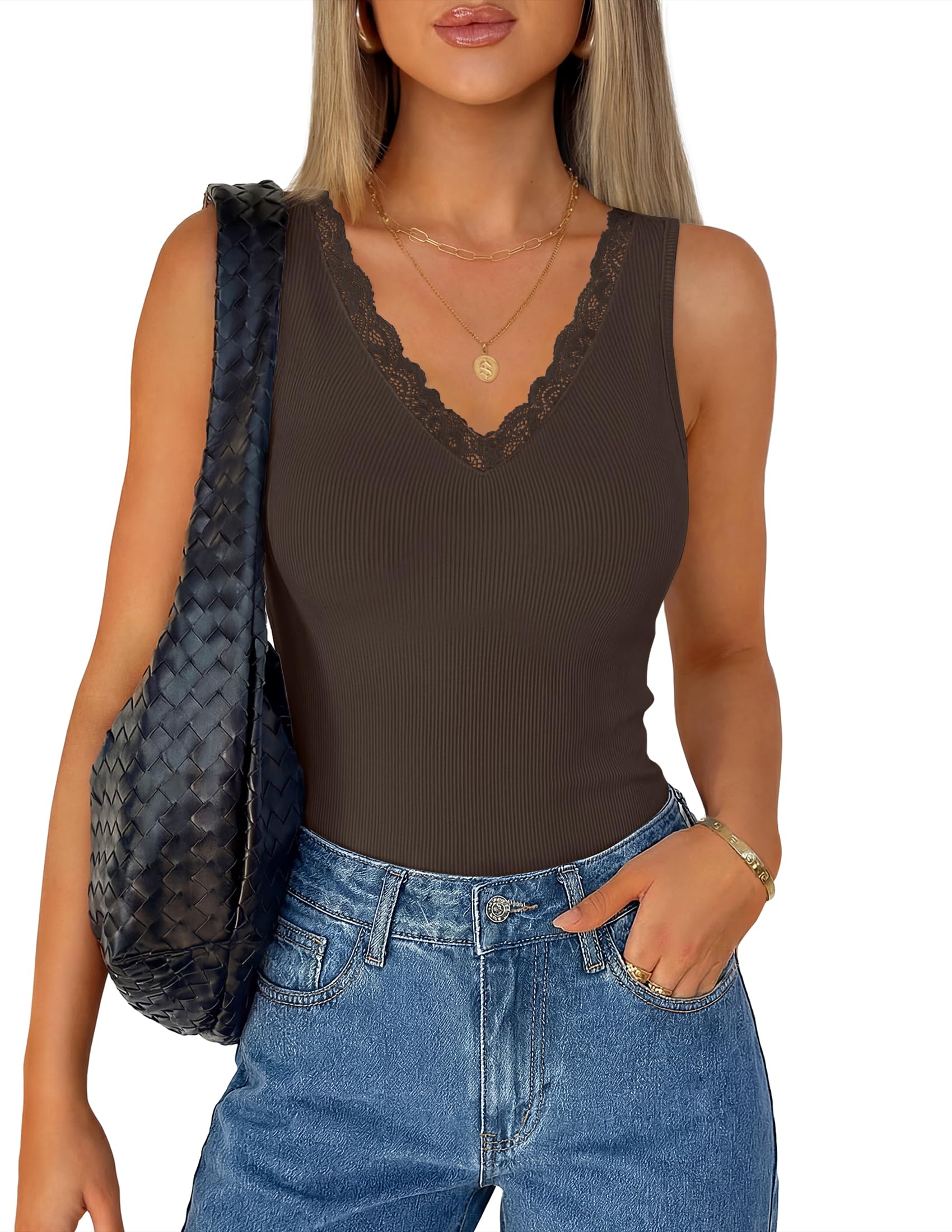 Luxuii Summer V Neck Spring Sleeveless Lace Trim Ribbed Knit Cami Shirts