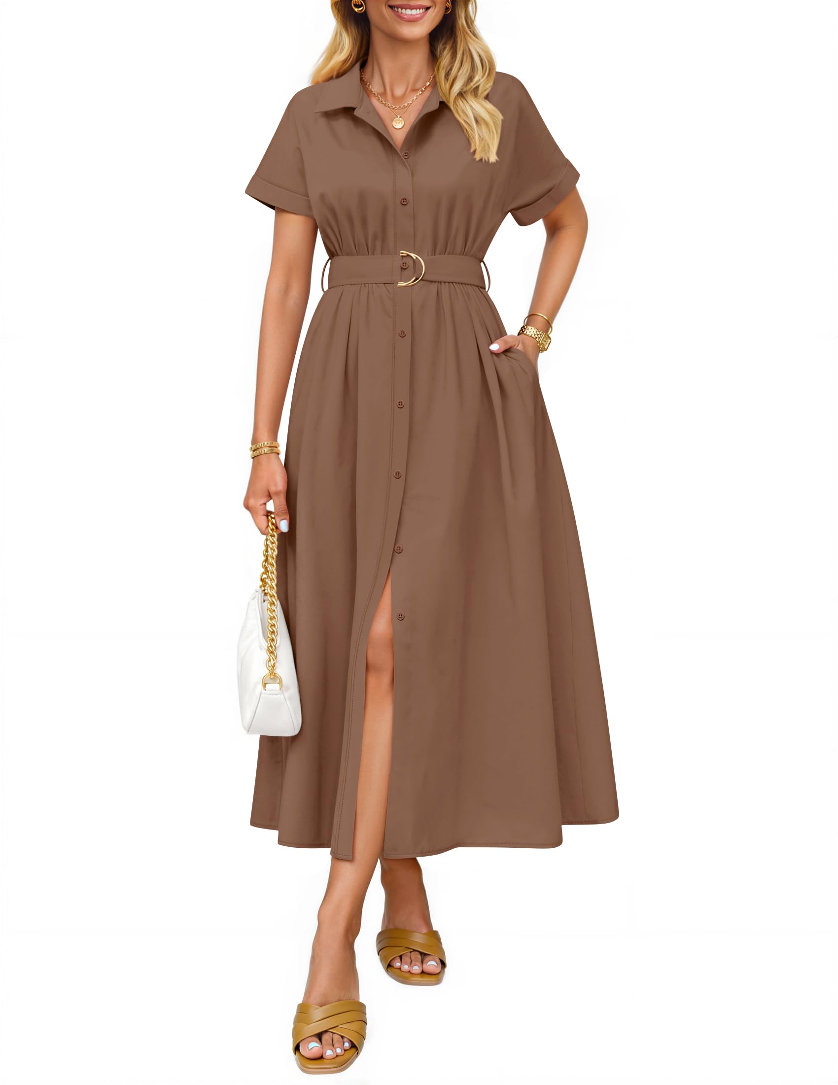 Luxuii Button Down A Line Belt Buiness Casual Shirt Dresses