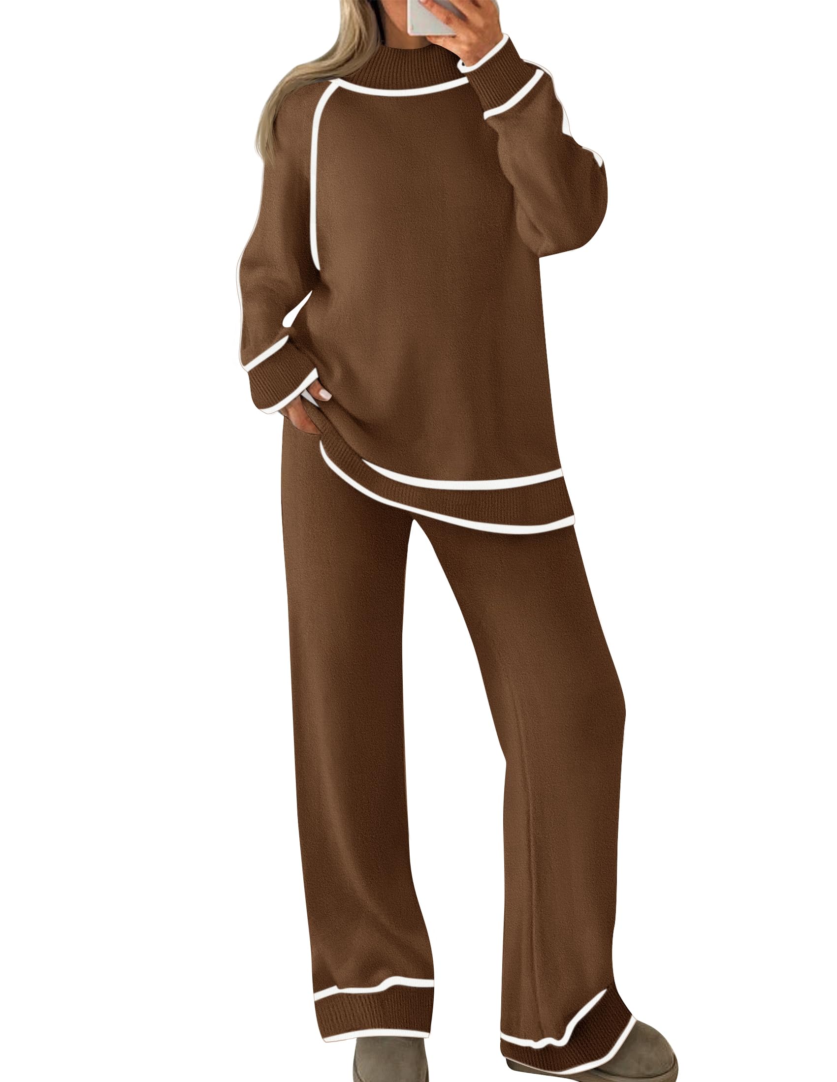 Luxuii Turtleneck Pullover Tops Wide Leg Pants Lounge Sets