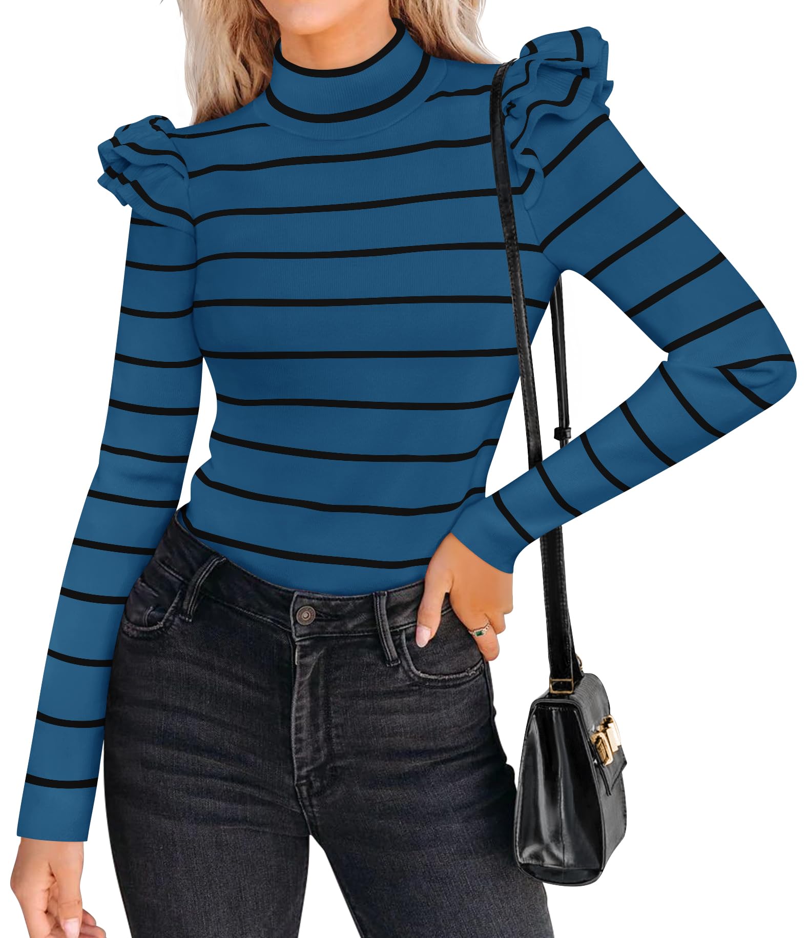 Luxuii Striped Ruffle Turtleneck Ribbed Knit Pullover Tops
