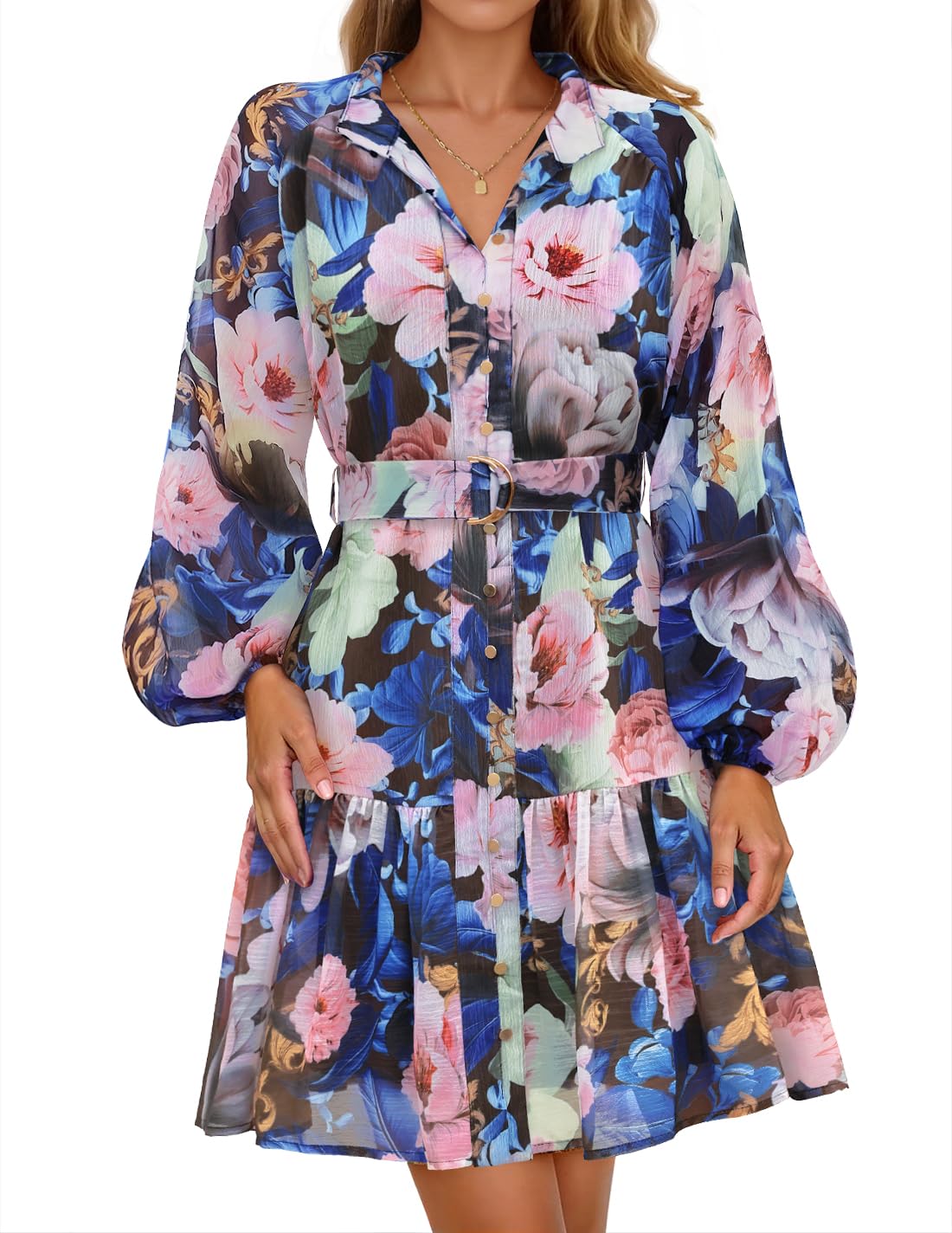 Luxuii Floral Button Chiffon A Line Party Short Dresses