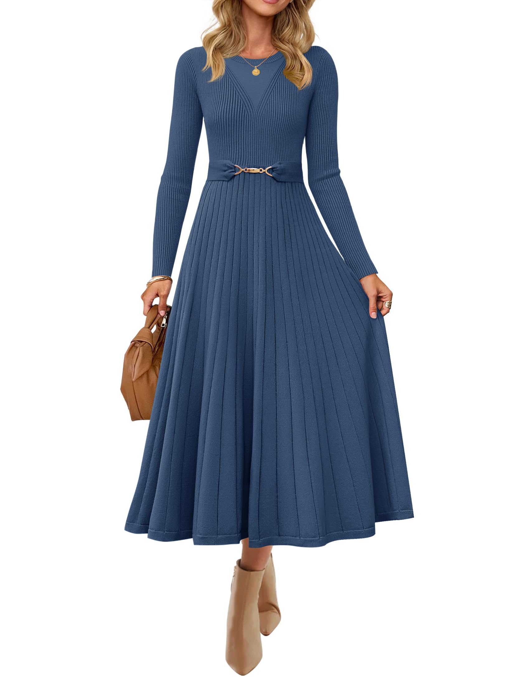 Luxuii Fall Crewneck Knit A Line Pleated Flowy Long Dresses with Belt