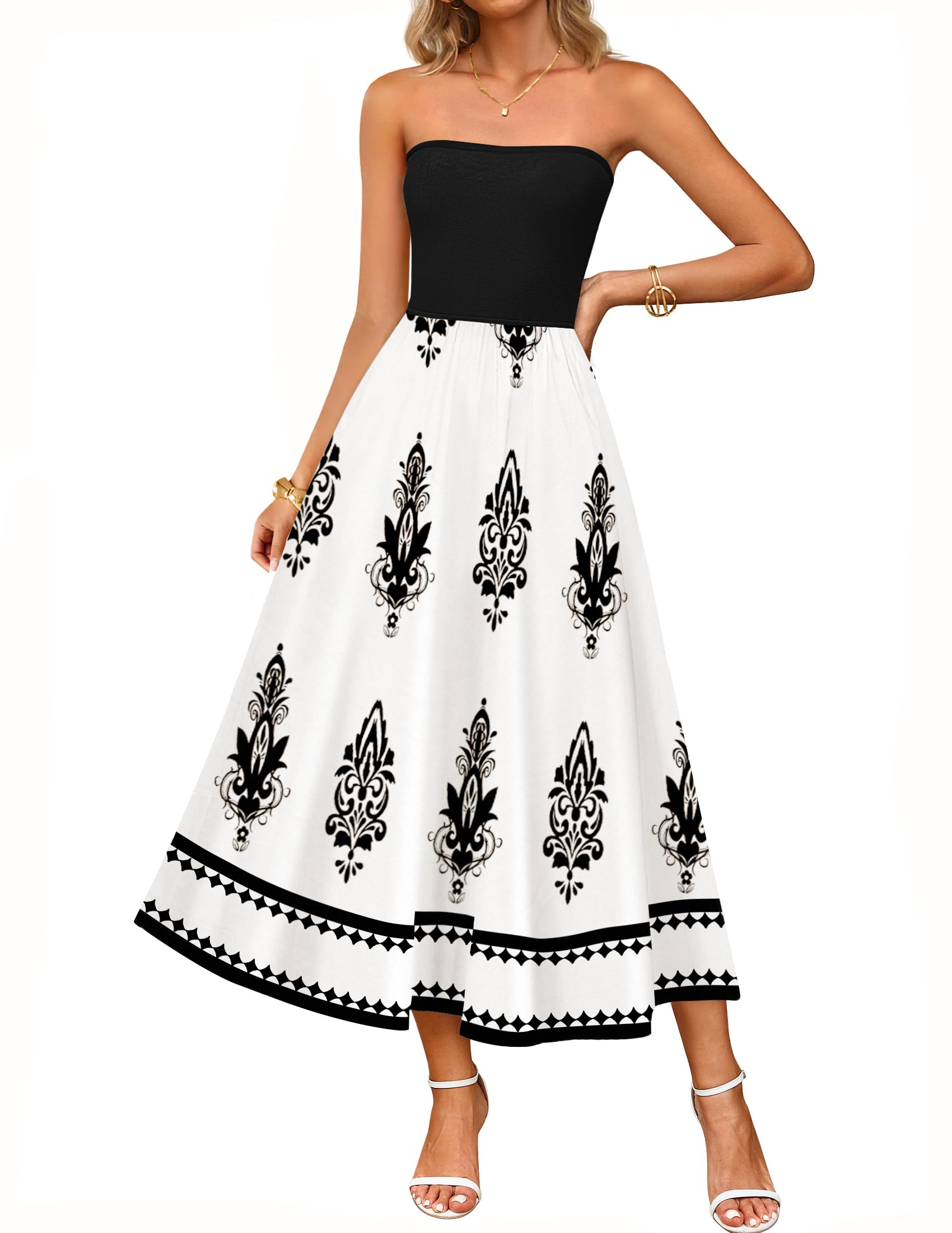 Luxuii Boho Strapless Off Shoulder Polka Dot Printed Flowy Long Dresses