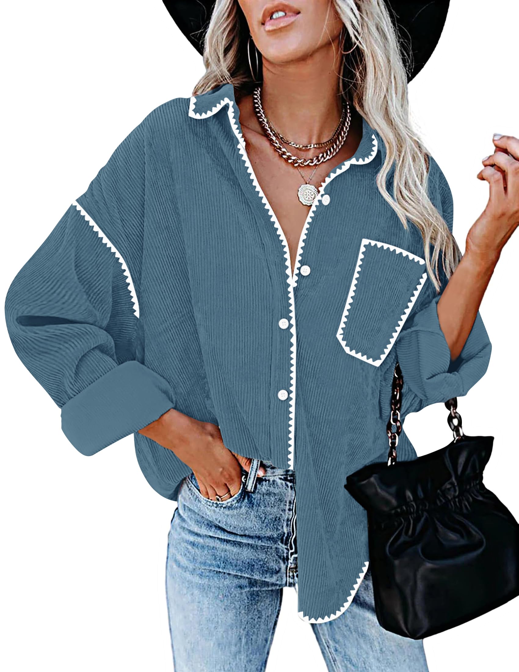 Luxuii Corduroy Shacket Jacket Button Down Blouses Tops
