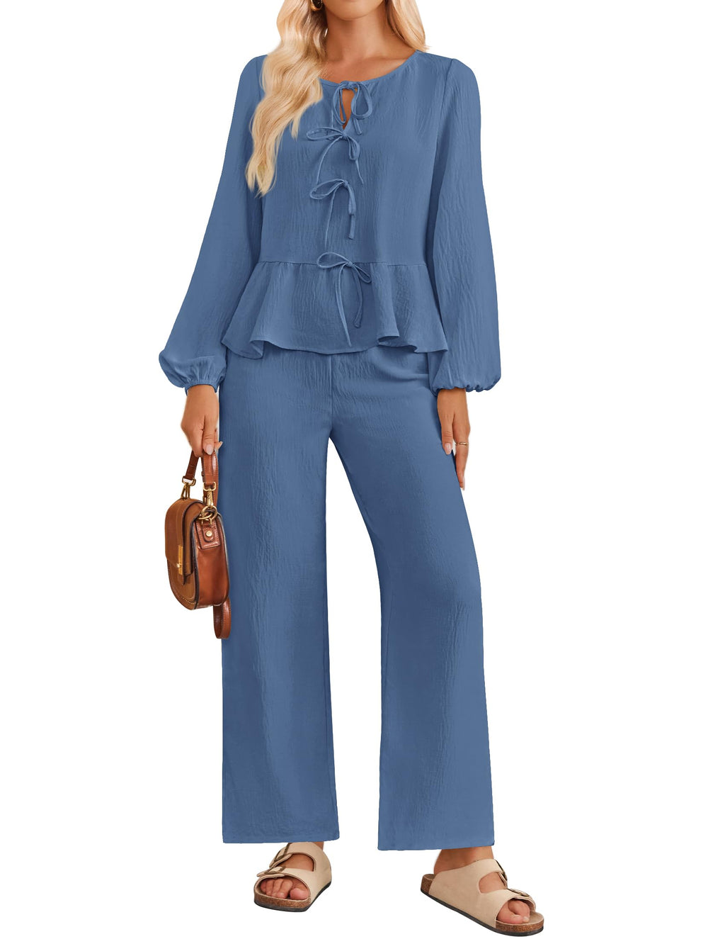 Luxuii  Long Sleeve Tie Front Top and Wide Leg Pants Pajama Sets