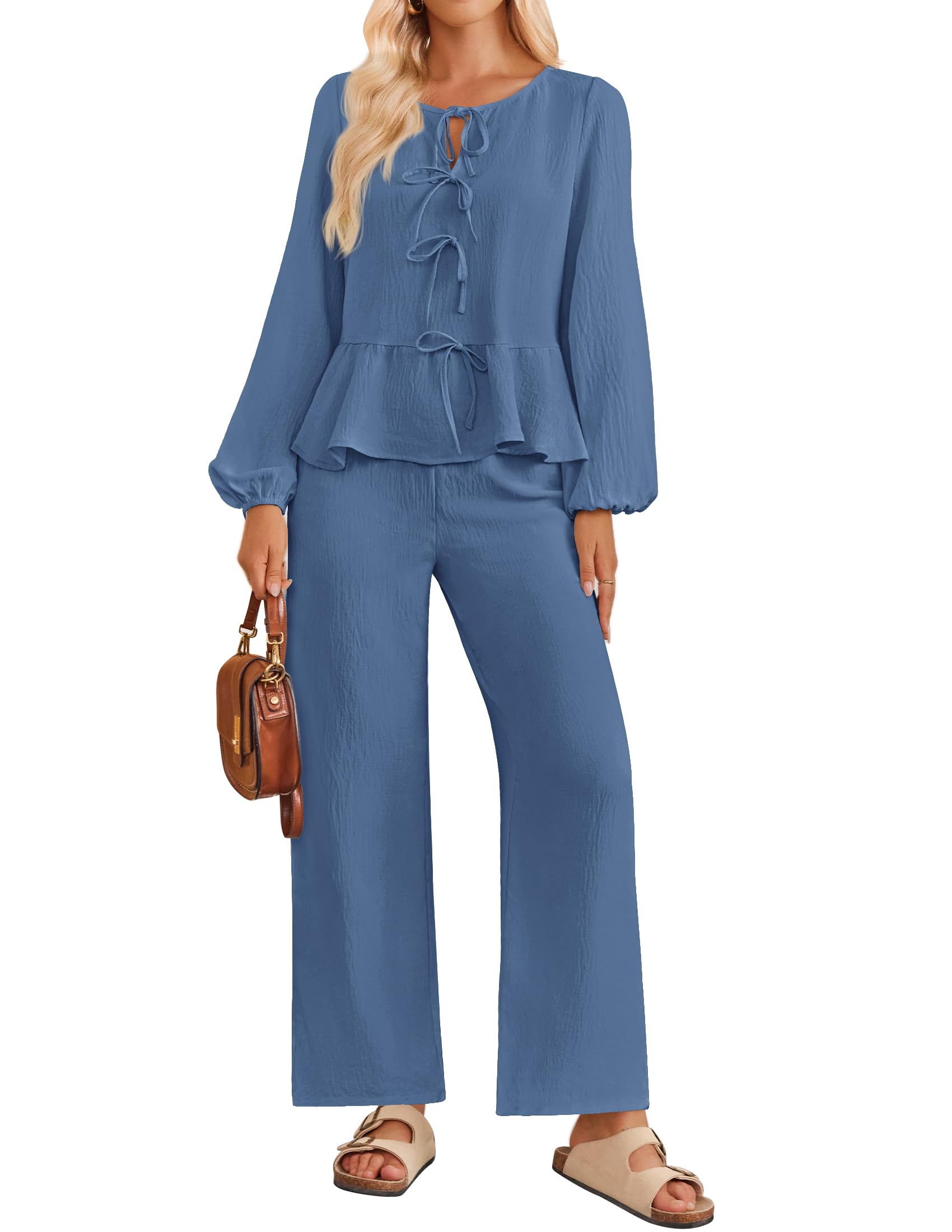 Luxuii  Long Sleeve Tie Front Top and Wide Leg Pants Pajama Sets