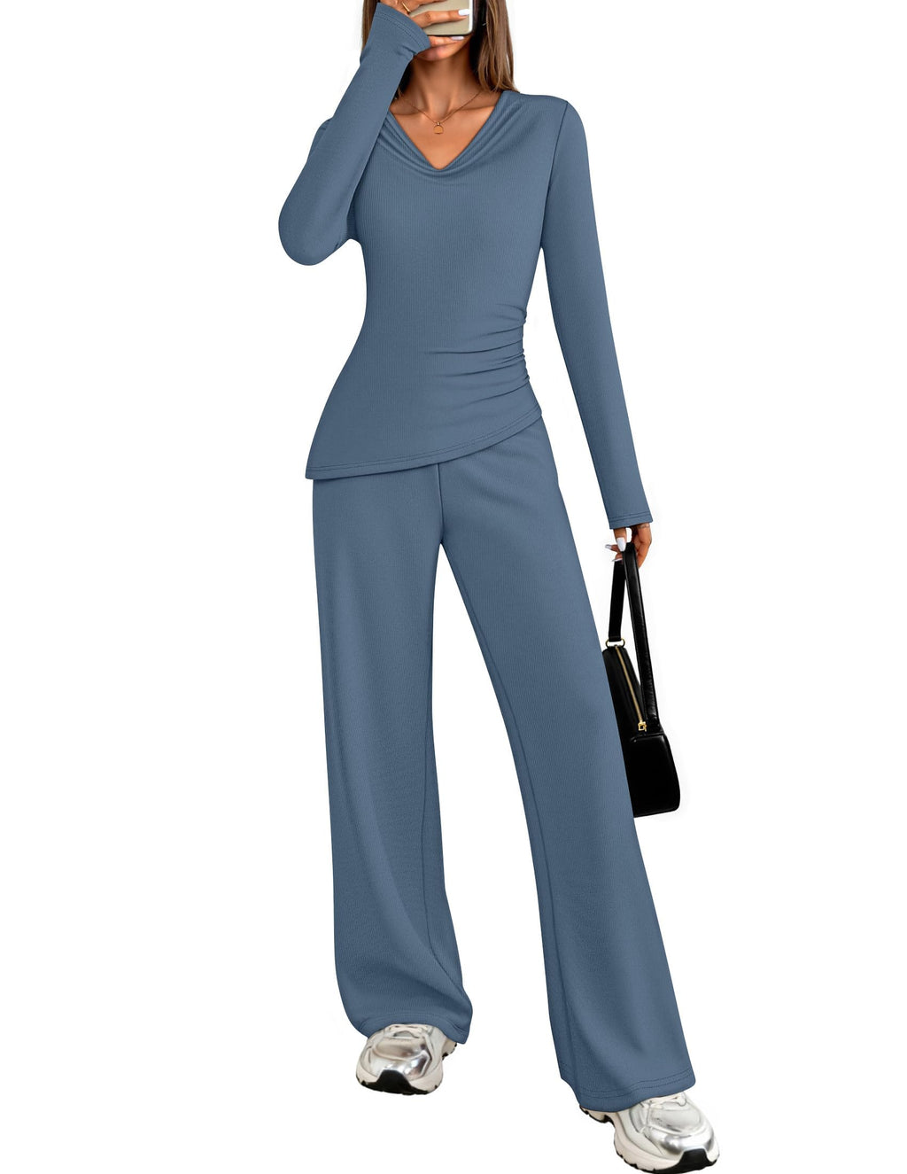 Luxuii Long Sleeve Cowl Neck Asymmetrical Top Wide Leg Pants Matching Set