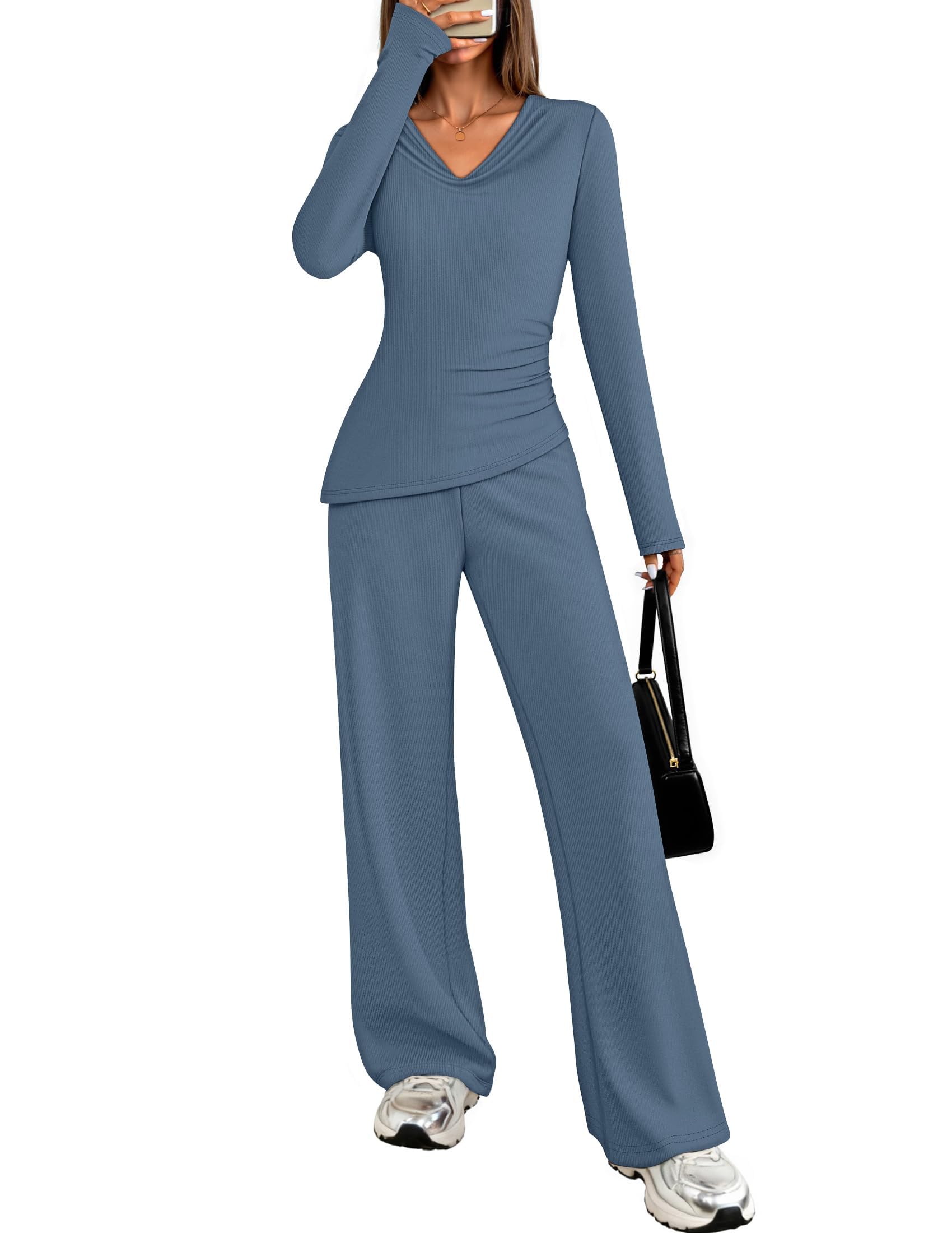 Luxuii Long Sleeve Cowl Neck Asymmetrical Top Wide Leg Pants Matching Set
