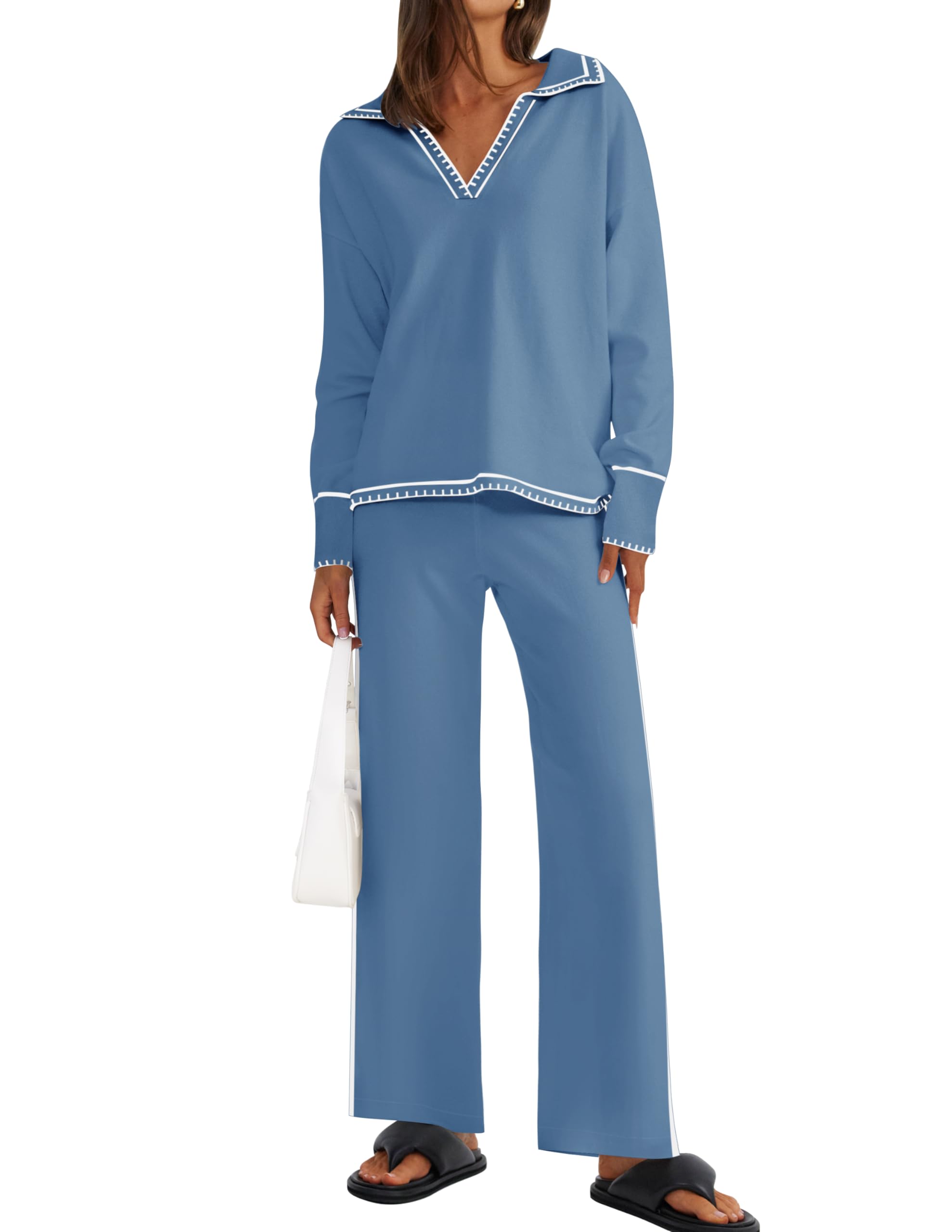 Luxuii V Neck Knit Tops Wide Leg Pants Sweatsuit Lounge Sets
